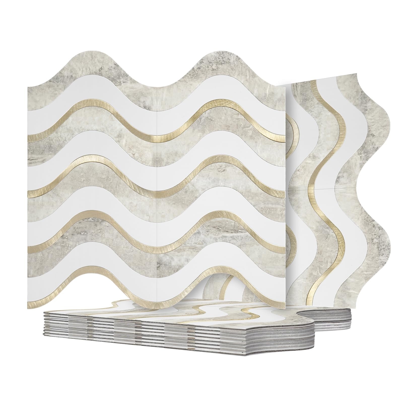 Etokfoks  Beige Grey Slate Pure White PVC Mixed Metal Light Gold Peel and Stick Backsplash Tile 10 Sheet Pack Self Adhesive