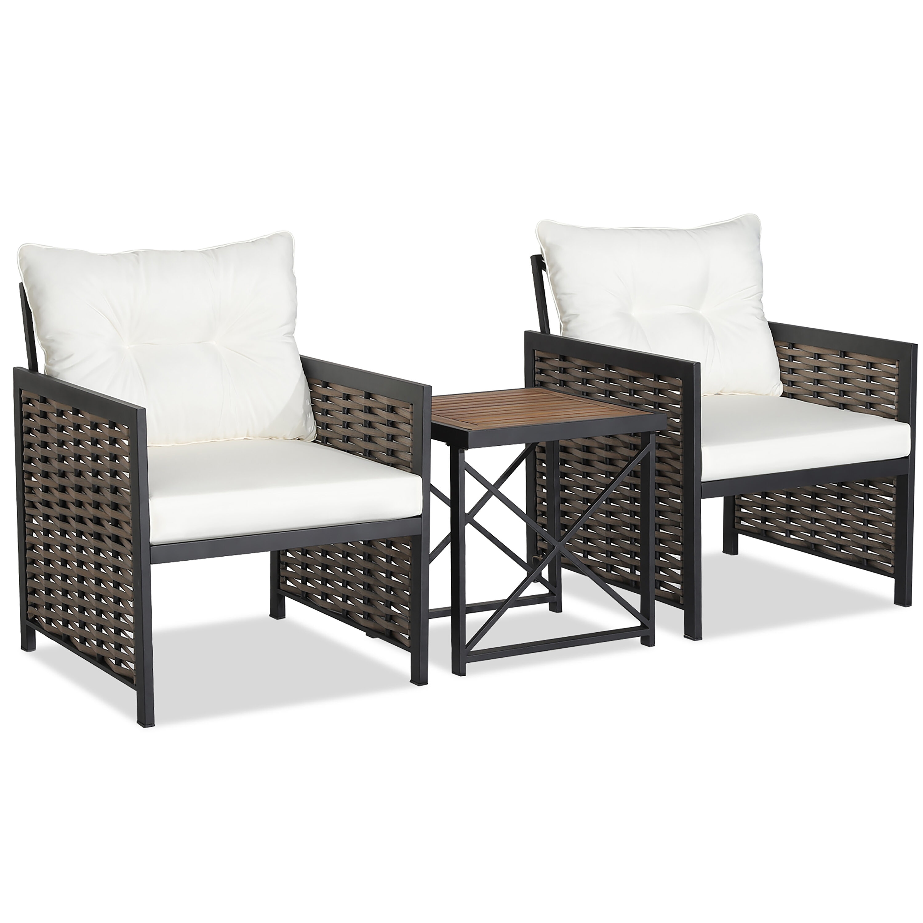 Costway HW70686WH 3 -Piece Rattan Patio Conversation Set with White Cushions