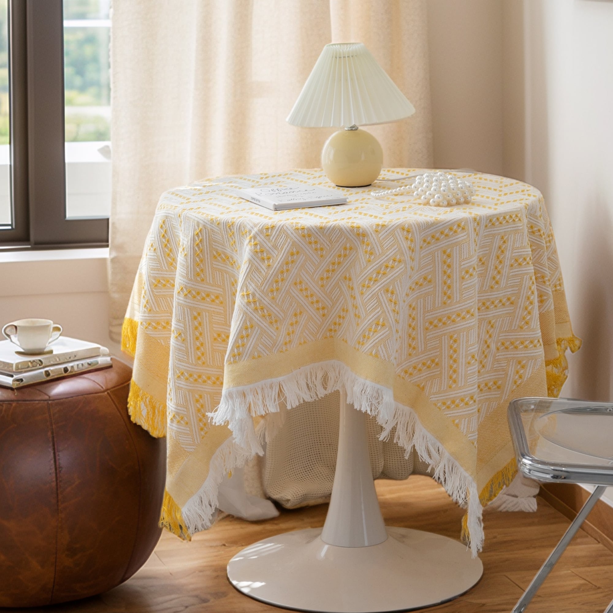 Unique Bargains Tablecloths with Tassel Table Cover for Indoor and Outdoor Kitchen Dining Table Cover for Farmhouse Holiday Camping Parties 90x90cm Yellow