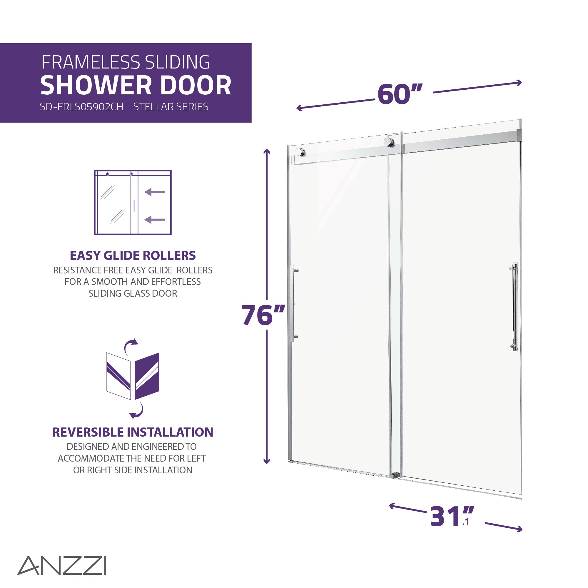 Stellar 76" x 60" Frameless Polished Chrome Sliding Shower Door