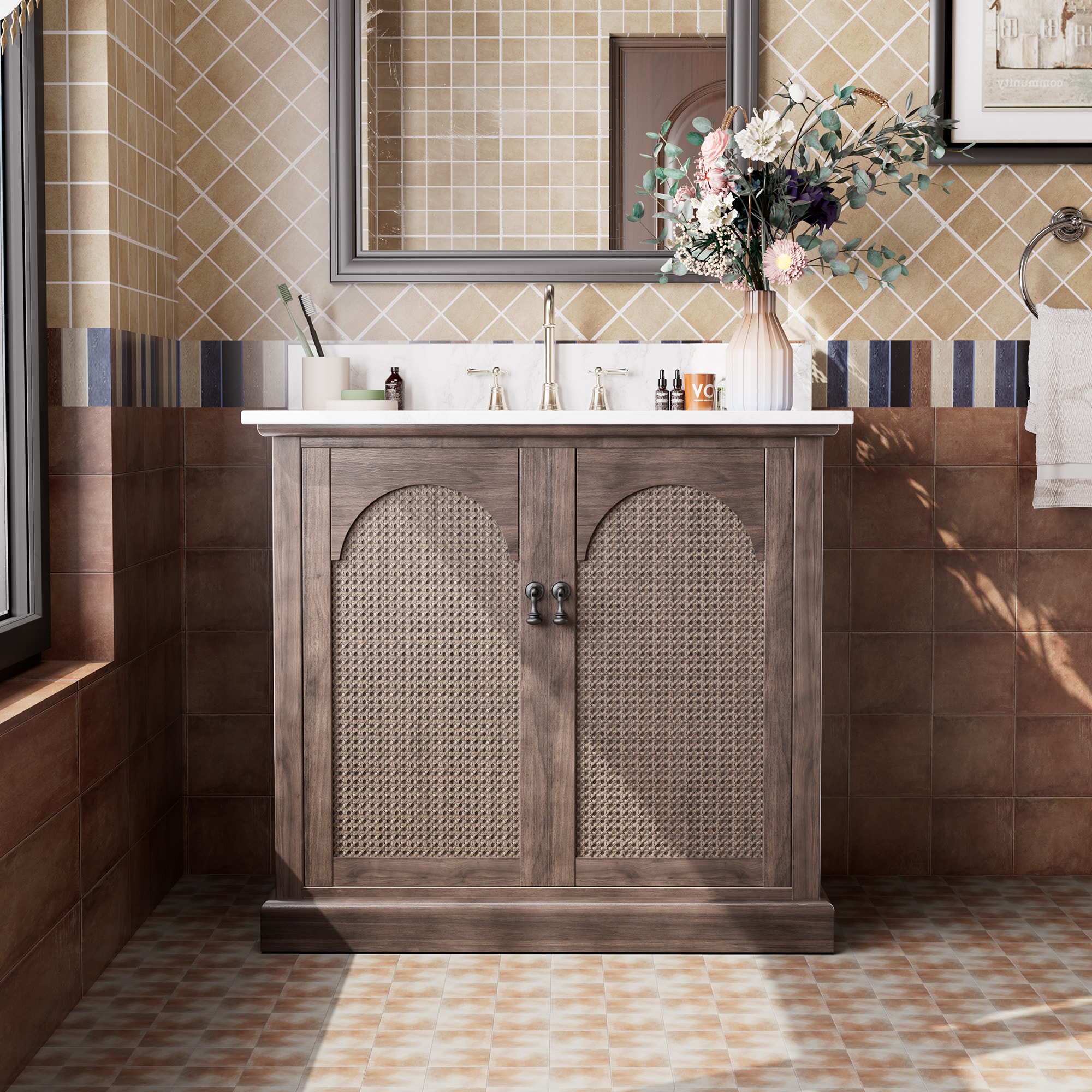 JEAREY JE-12FTTJWT-NA Bathroom Vanity 48-in Brown Single Sink Bathroom Vanity with White Ceramic Top