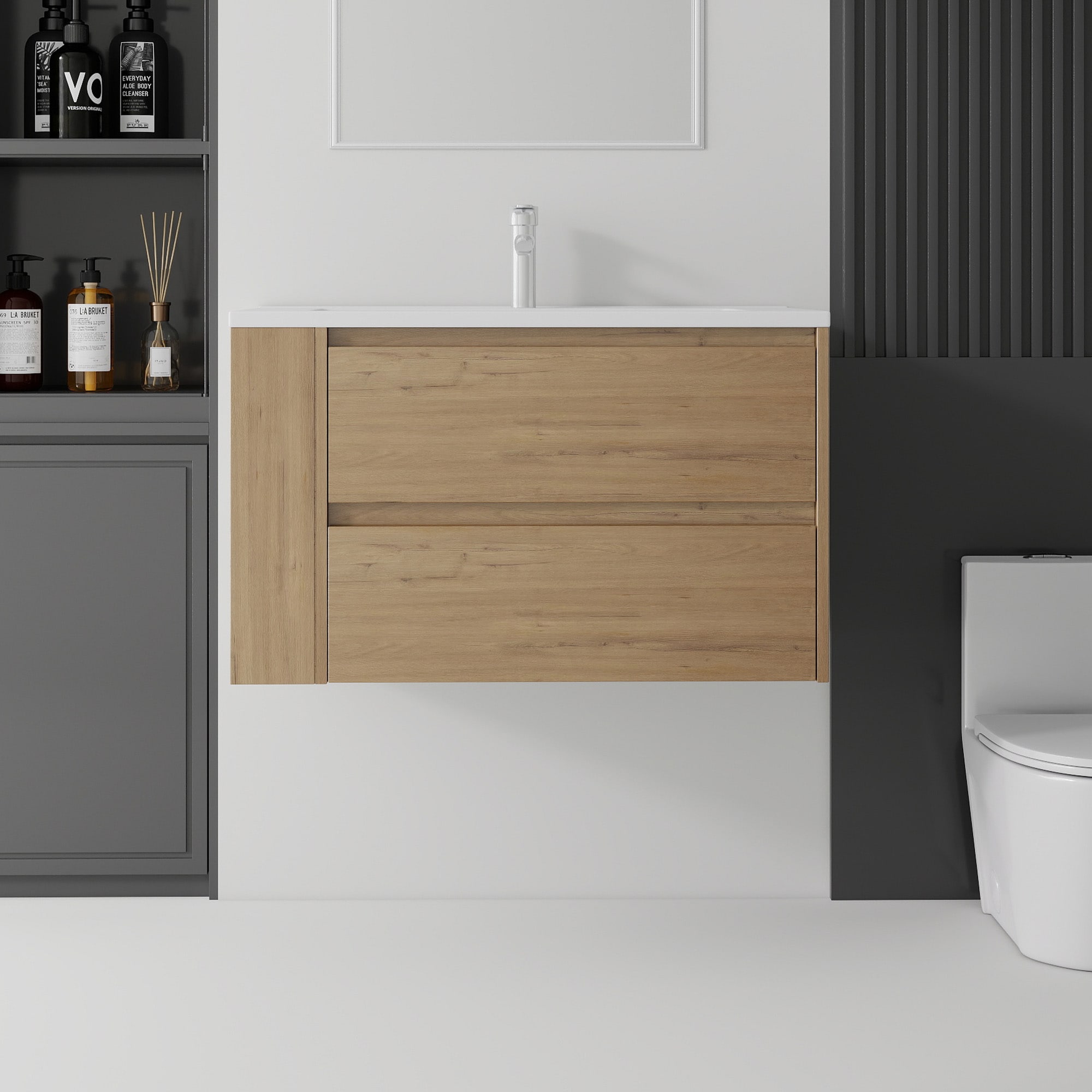 WELLFOR 36-in Imitative Oak Single Sink Bathroom Vanity with White Ceramic Top