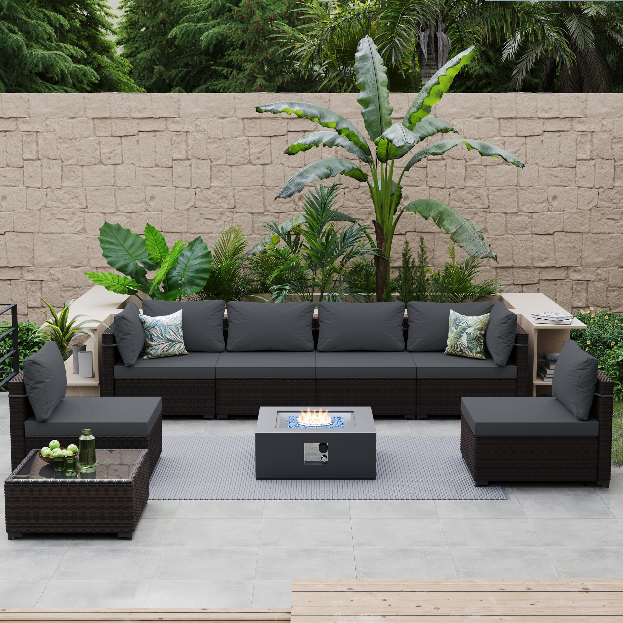 Patio Watcher RT7-DGARY-F28TP 8 -Piece Rattan Patio Conversation Set with Gray Cushions