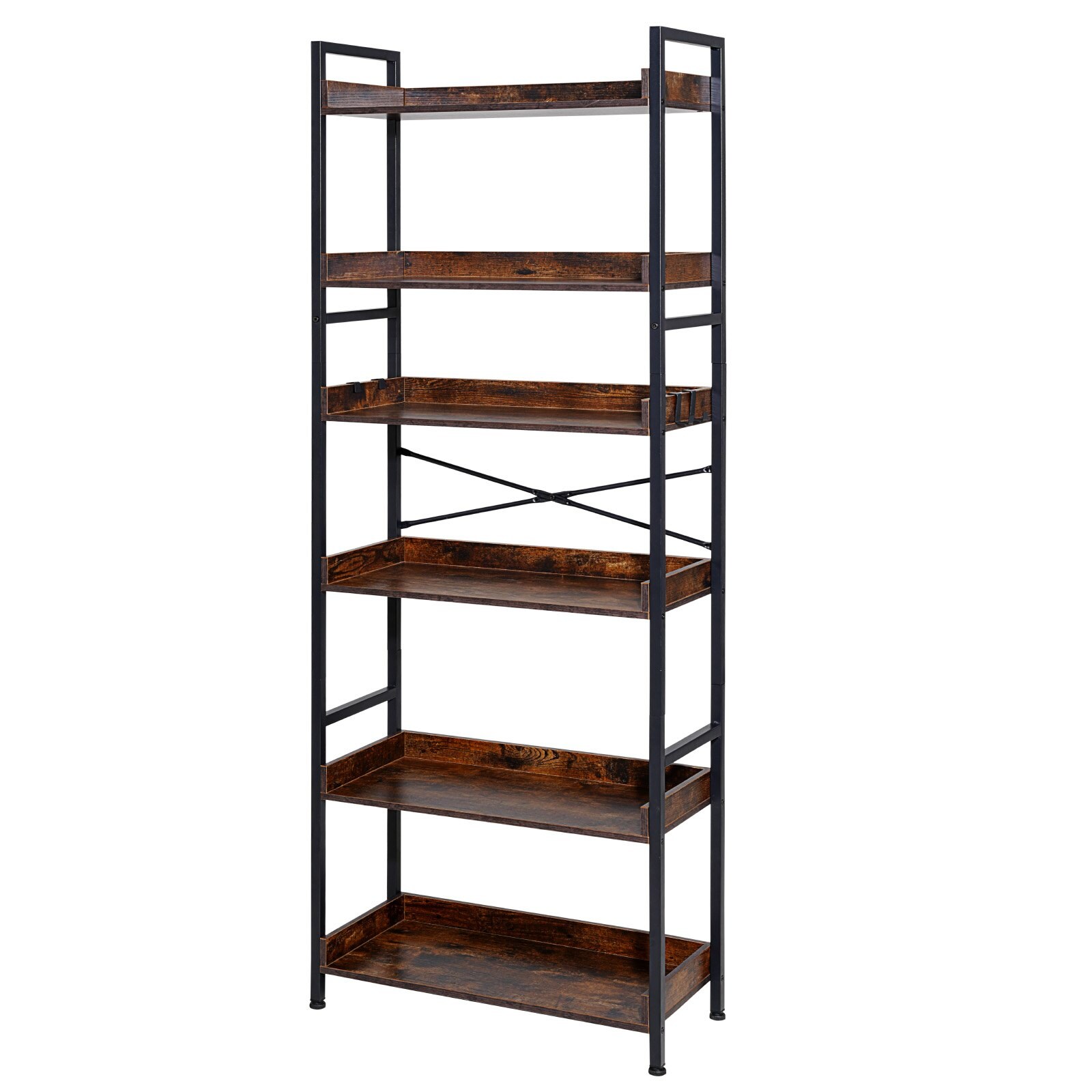 Slickblue Brown Carbon Steel Frame 6-Shelf Bookcase 25.6 x 68.9 x 11.8 Wood Grain Finish Bookshelf Organizer with 4 Hooks