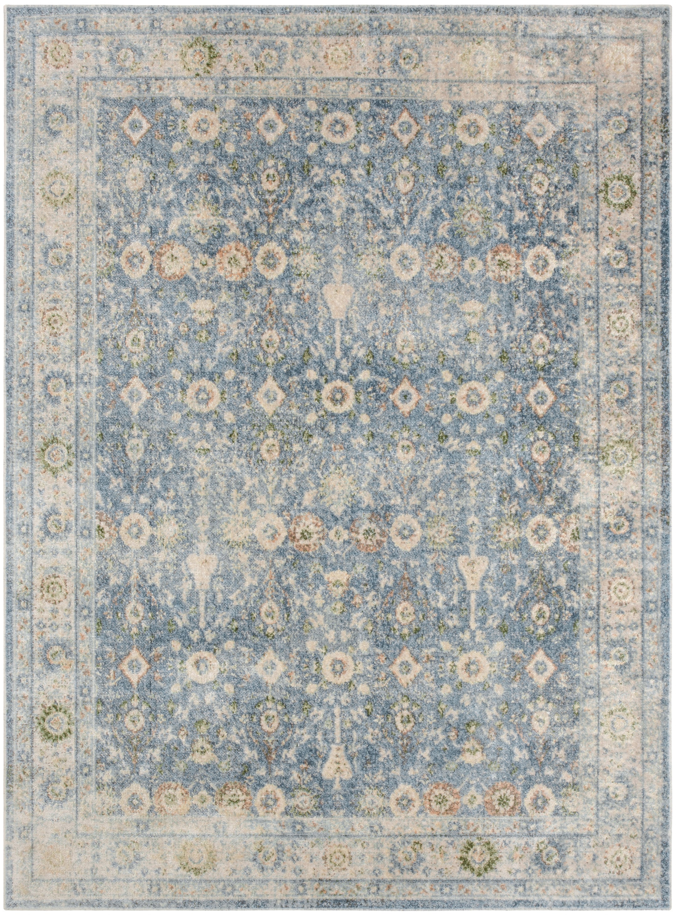 Teal Beige Floral Synthetic Washable Rectangular Area Rug 5' x 7'