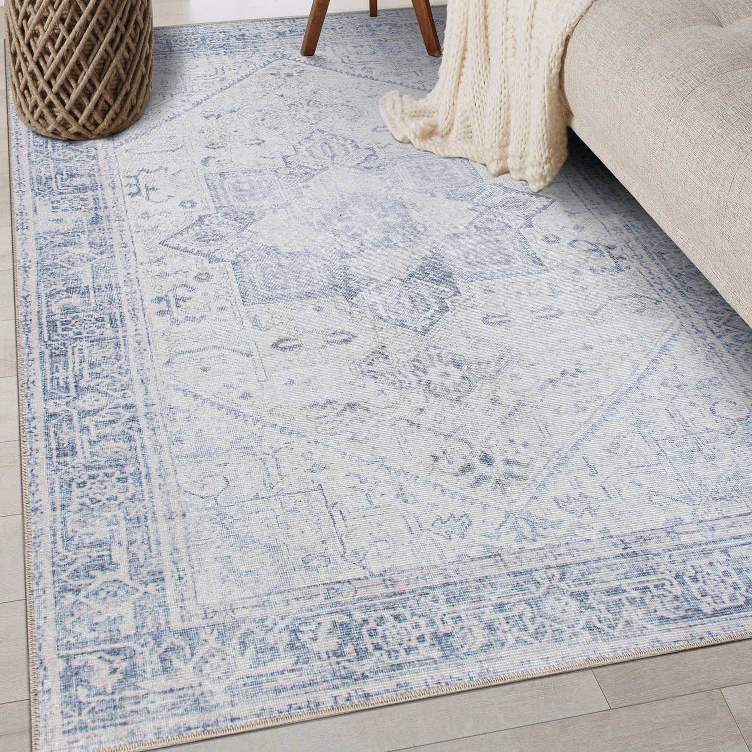 Blue Medallion Flat Woven Washable Synthetic Area Rug 5' x 7'