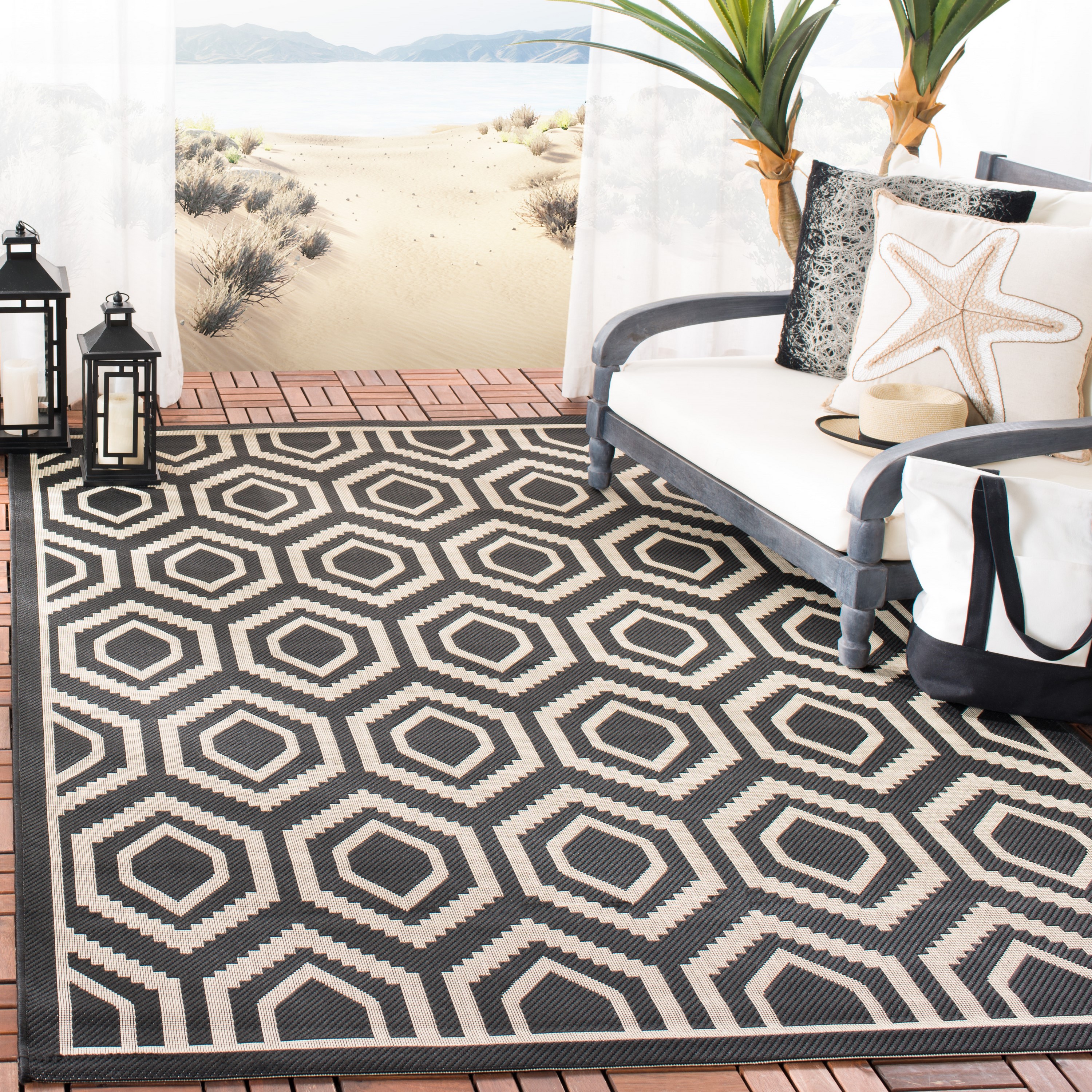 Shop Outdoor Border Geometric Rectangular 8x11 Rug Gray & Black, Outdoor  Rugs