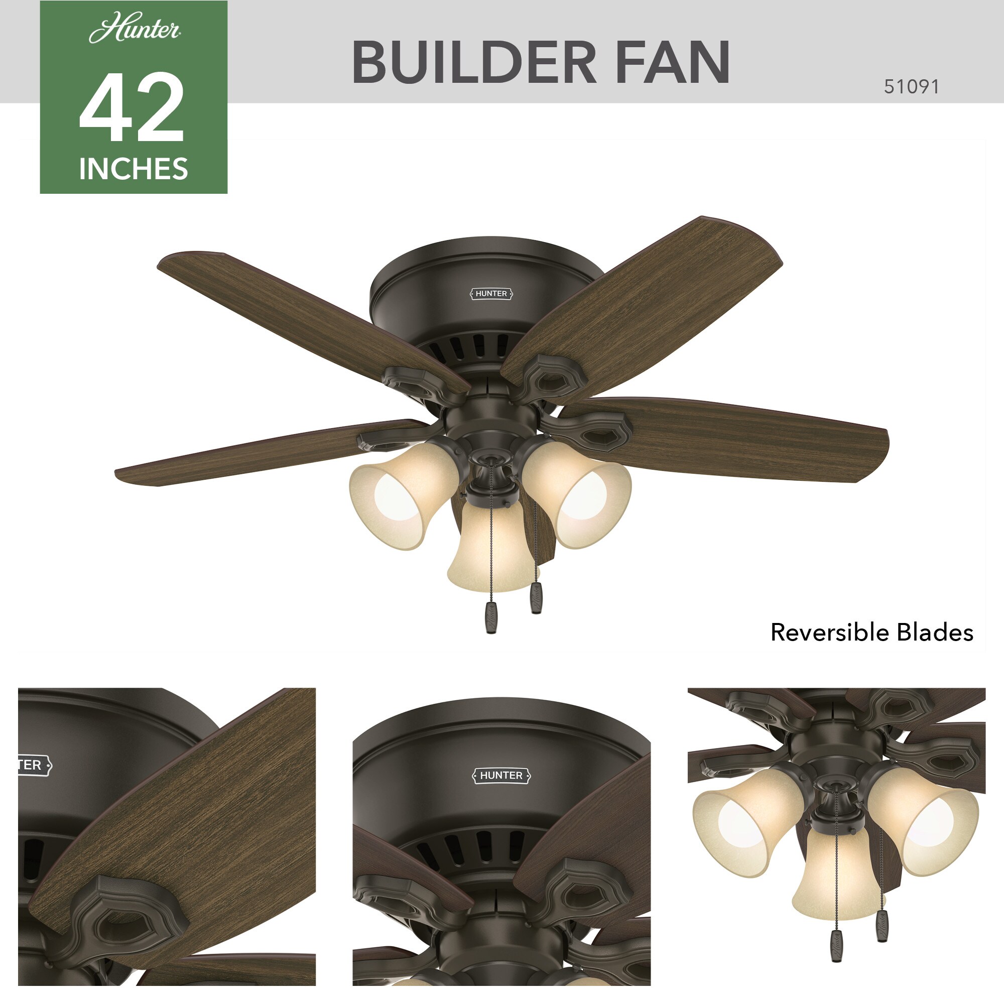 Builder Low Profile with 3 Lights 52 inch Ceiling Fan – Hunter Fan