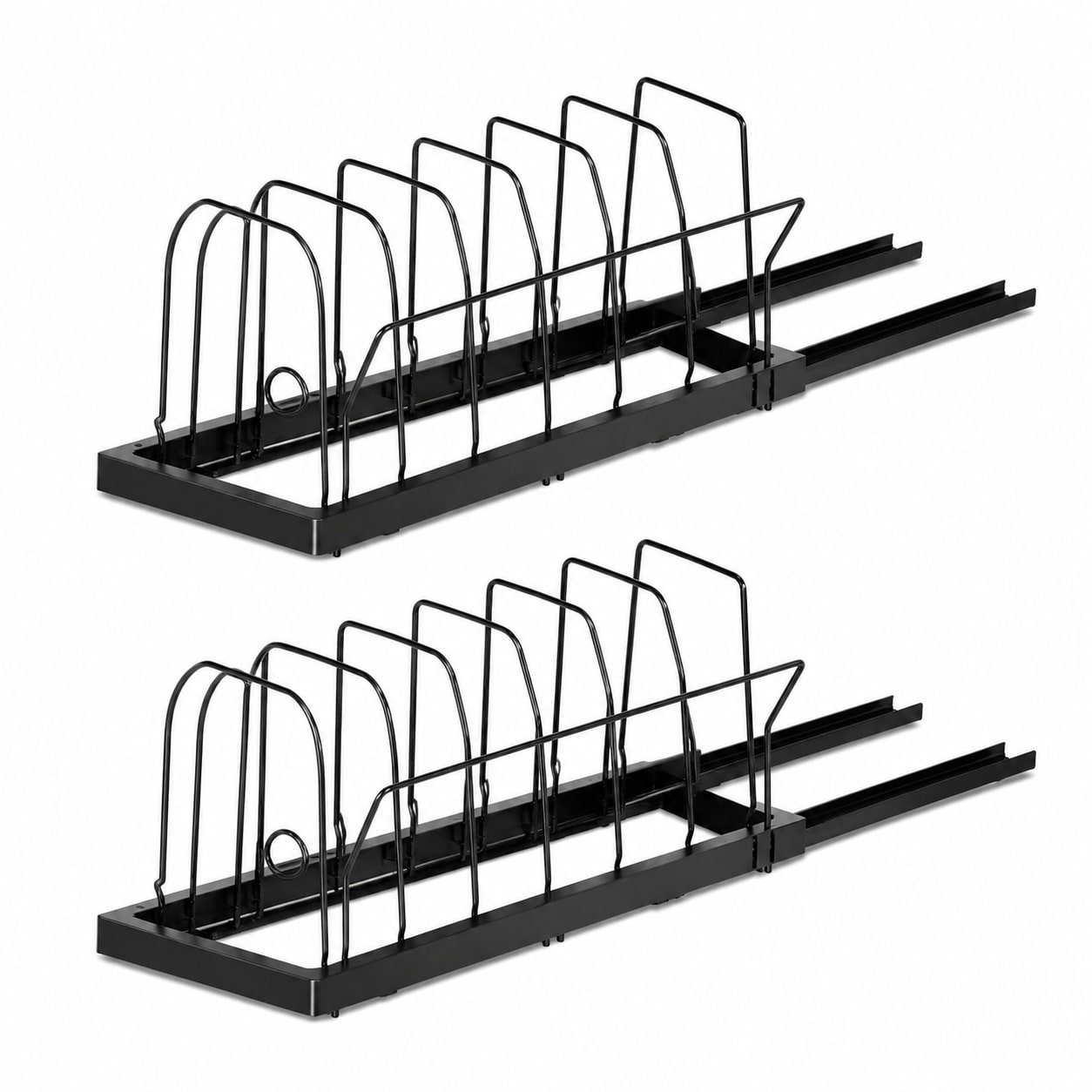 Aoibox  2 Pack Expandable Under Cabinet Pull Out Pot Lid and Pan Organizer with 10 Adjustable Dividers 22 in Deep Black