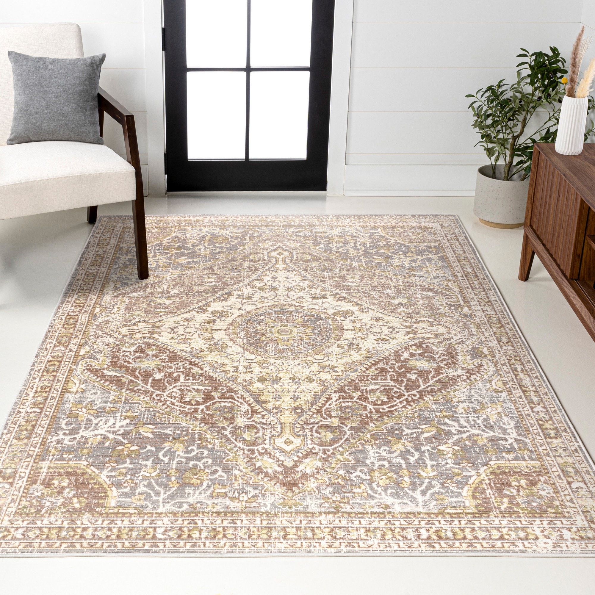 JONATHAN  Y MDP307A-5 MODERN PERSIAN Petras Modern Ornate 5 x 8 (ft) Loomed Gray/Brown Rectangular Indoor Medallion Persian Pet Friendly Area rug