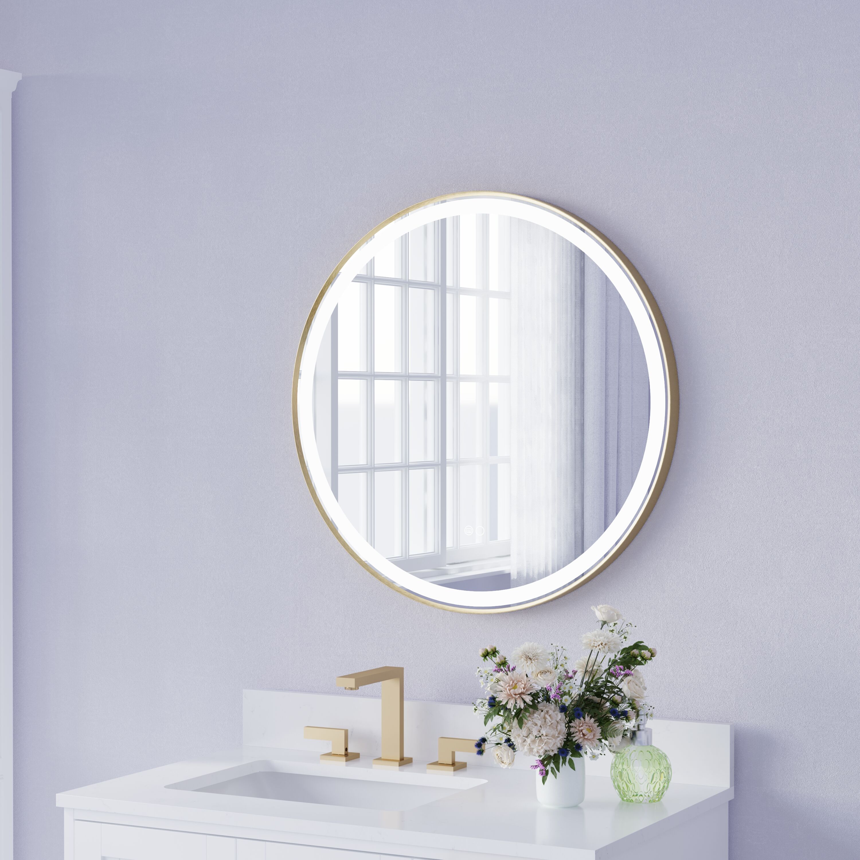Forclover ALF-9W28RBG 28-in x 28-in Framed Round Dimmable LED Lighted Fog Free Bathroom Vanity Mirror ( Gold Framed )