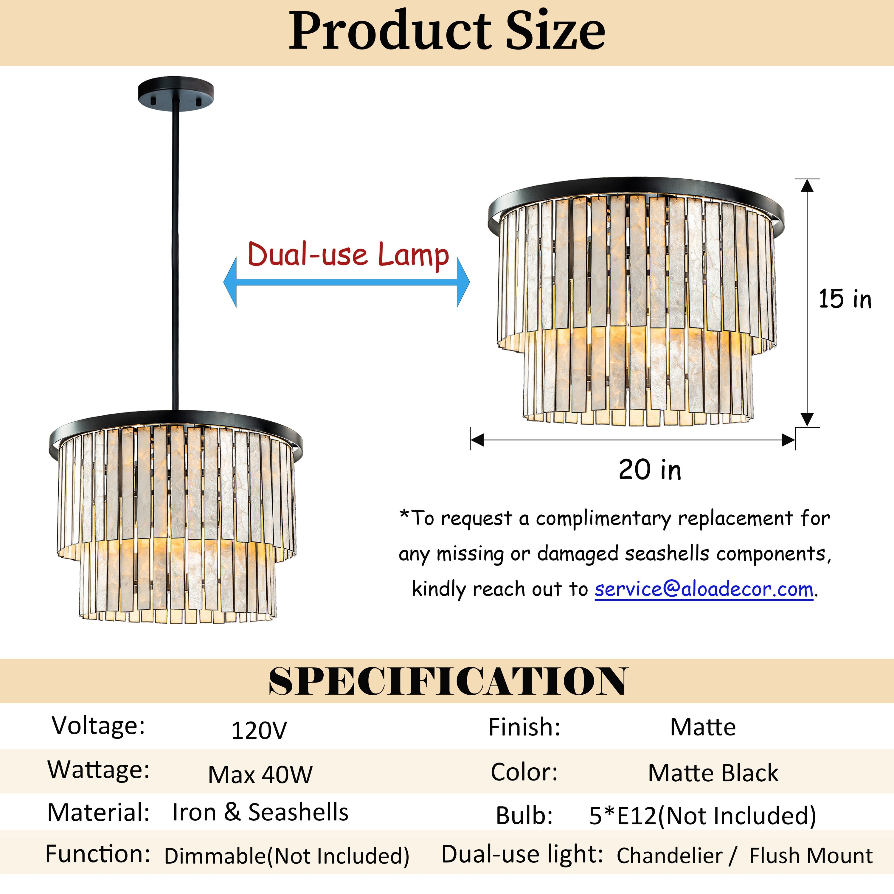 88'' Matte Black Capiz Shell 5-Light Coastal Chandelier