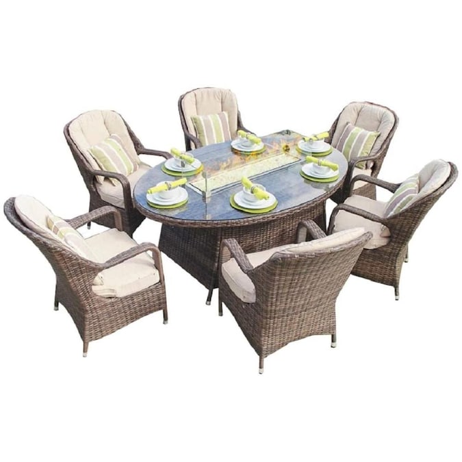 Direct Wicker Eton 7 Piece Brown Frame, Wicker Patio Set With Fire Pit Table