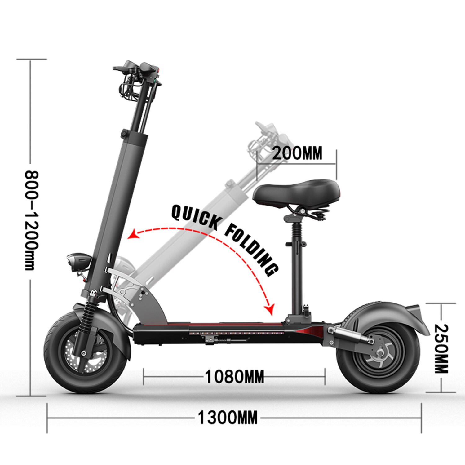 CUNFON Foldable Removable Seat 10 inch Electric Scooters Height Adjustable  Compatible CUNFON RZ800 800W Electric Scooter