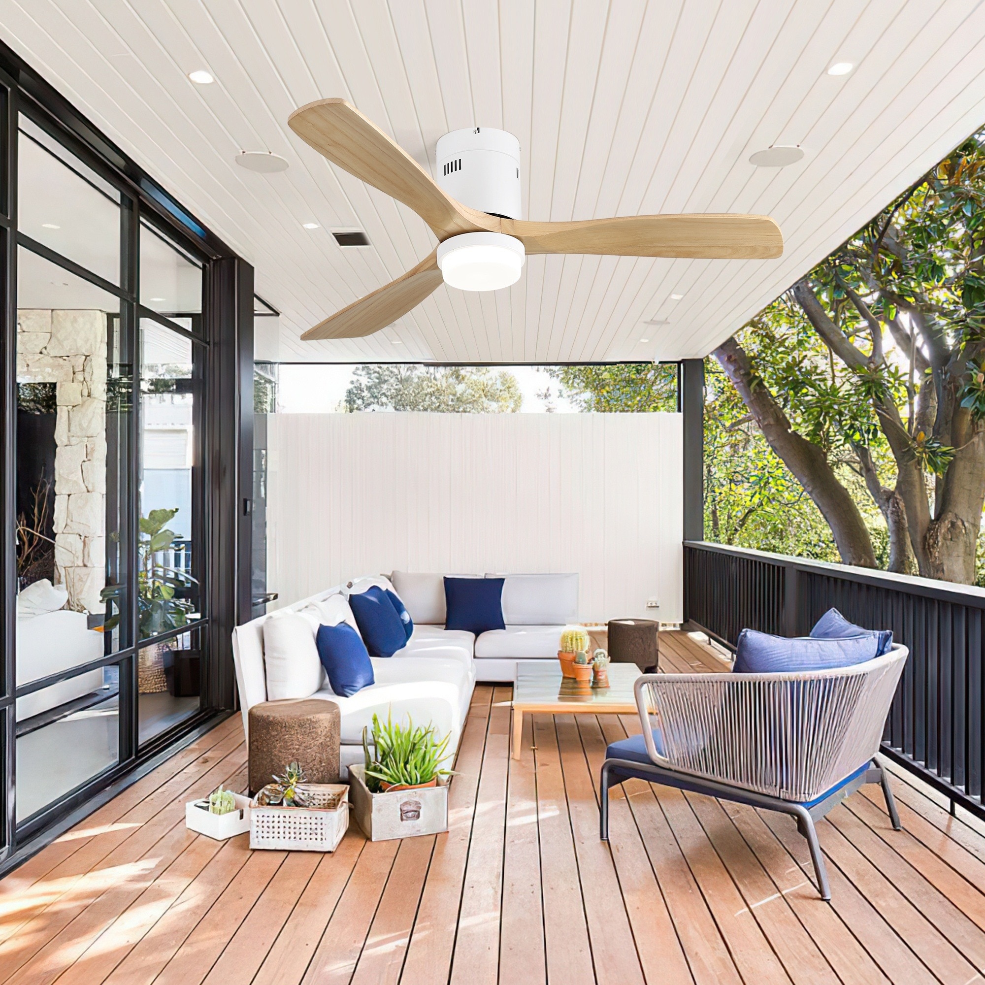 UOI - 52 inch White Ceiling Fan with Solid Wood Blades and Reversible DC Motor with 6 Speed Remot...
