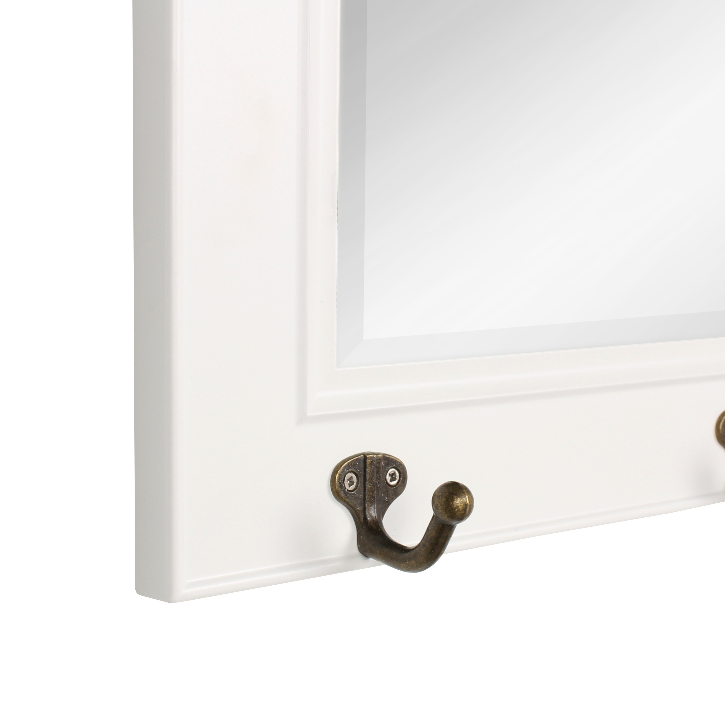 Classic Beveled Pub Mirror with White Frame and Metal Hooks 36"x18"