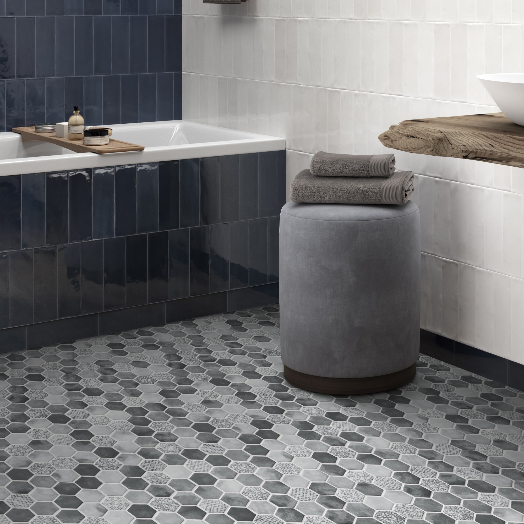 Gray Hexagon Recycled Glass Mosaic Wall and Floor Tile