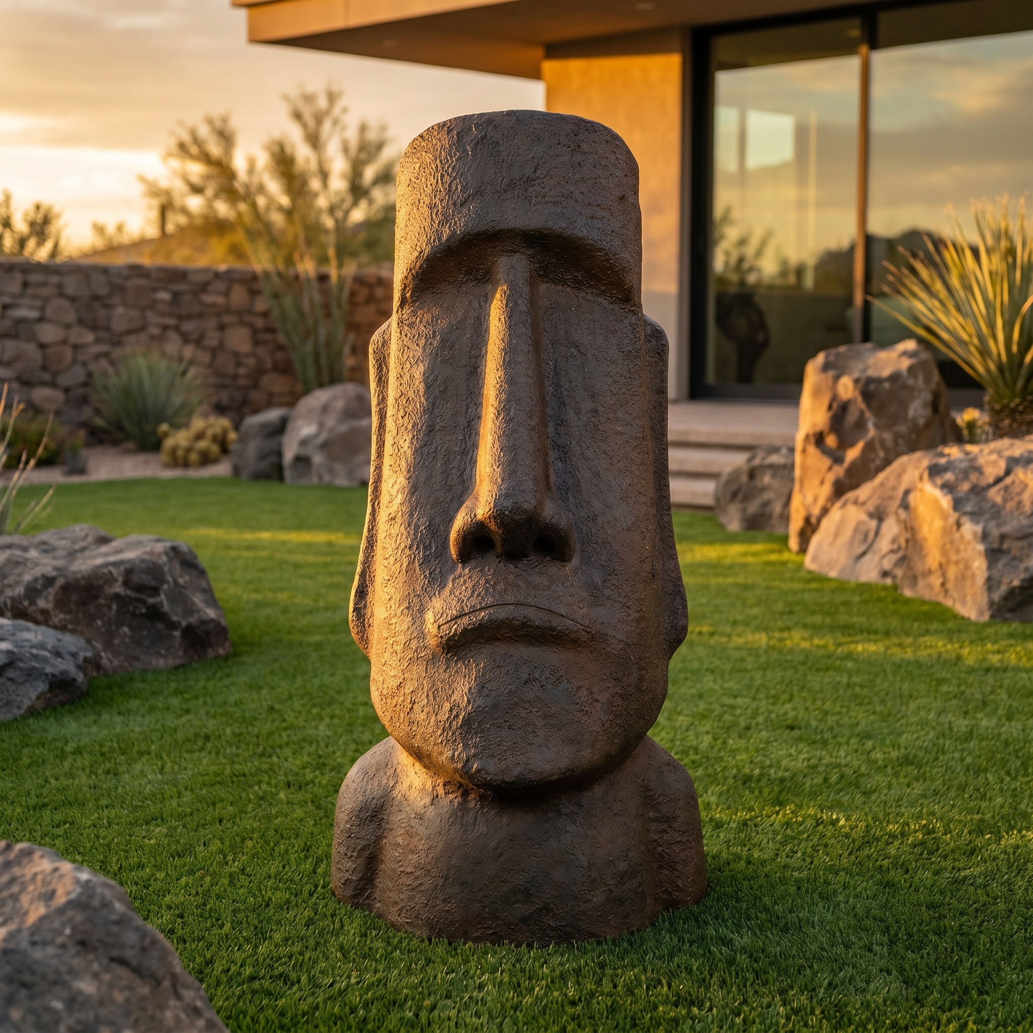 Watnature  Concrete Easter Island Moai Head Statue 35 Inch Tall Weather Resistant Rustic Moai Sculpture for Outdoor Lawn Patio Backyard and Home Landscape Decor