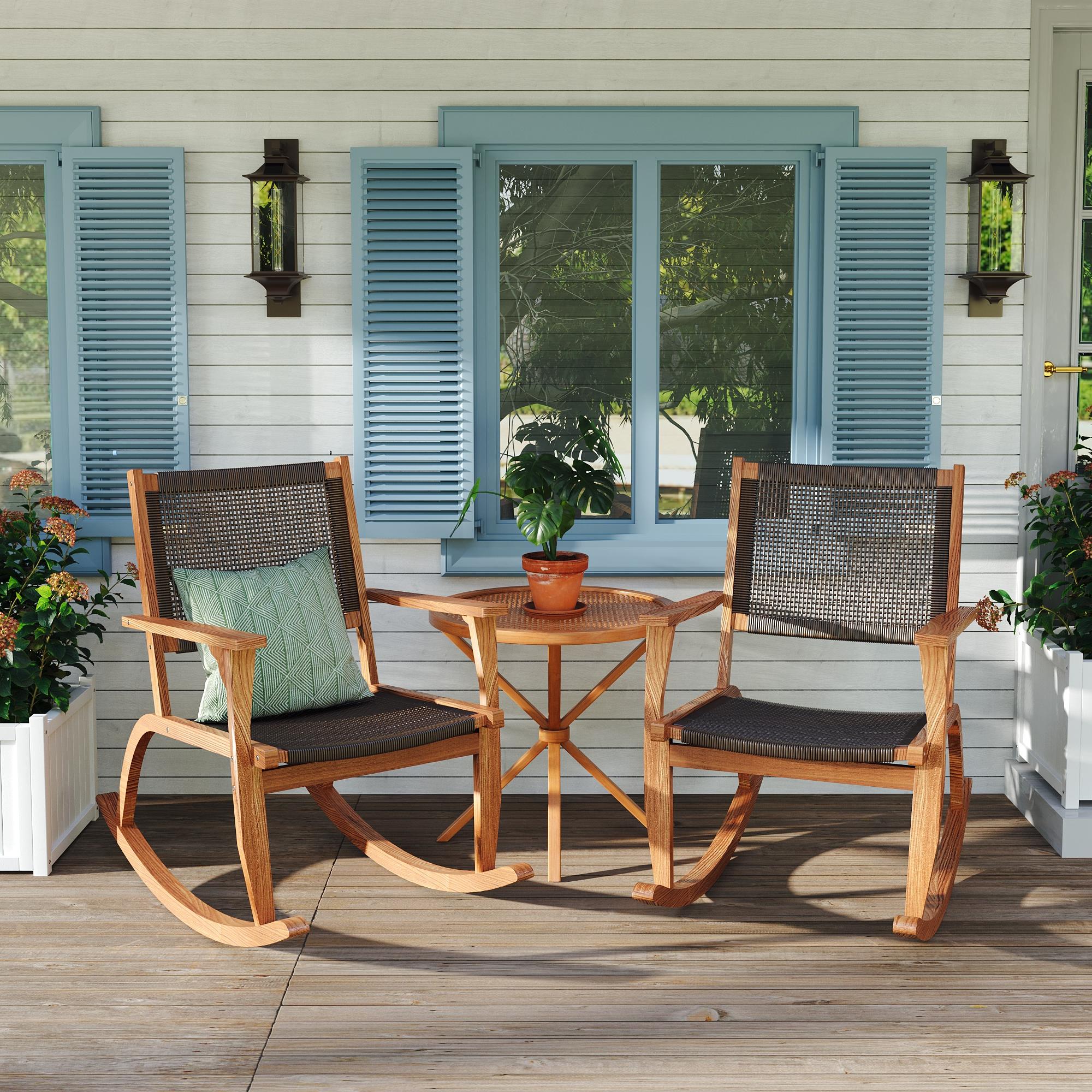 ModernLuxe L-N704P245214D 2 Pieces Patio Rocking Chair Set Set of 2 Wicker Brown Wood Frame Rocking Chair with Woven Seat