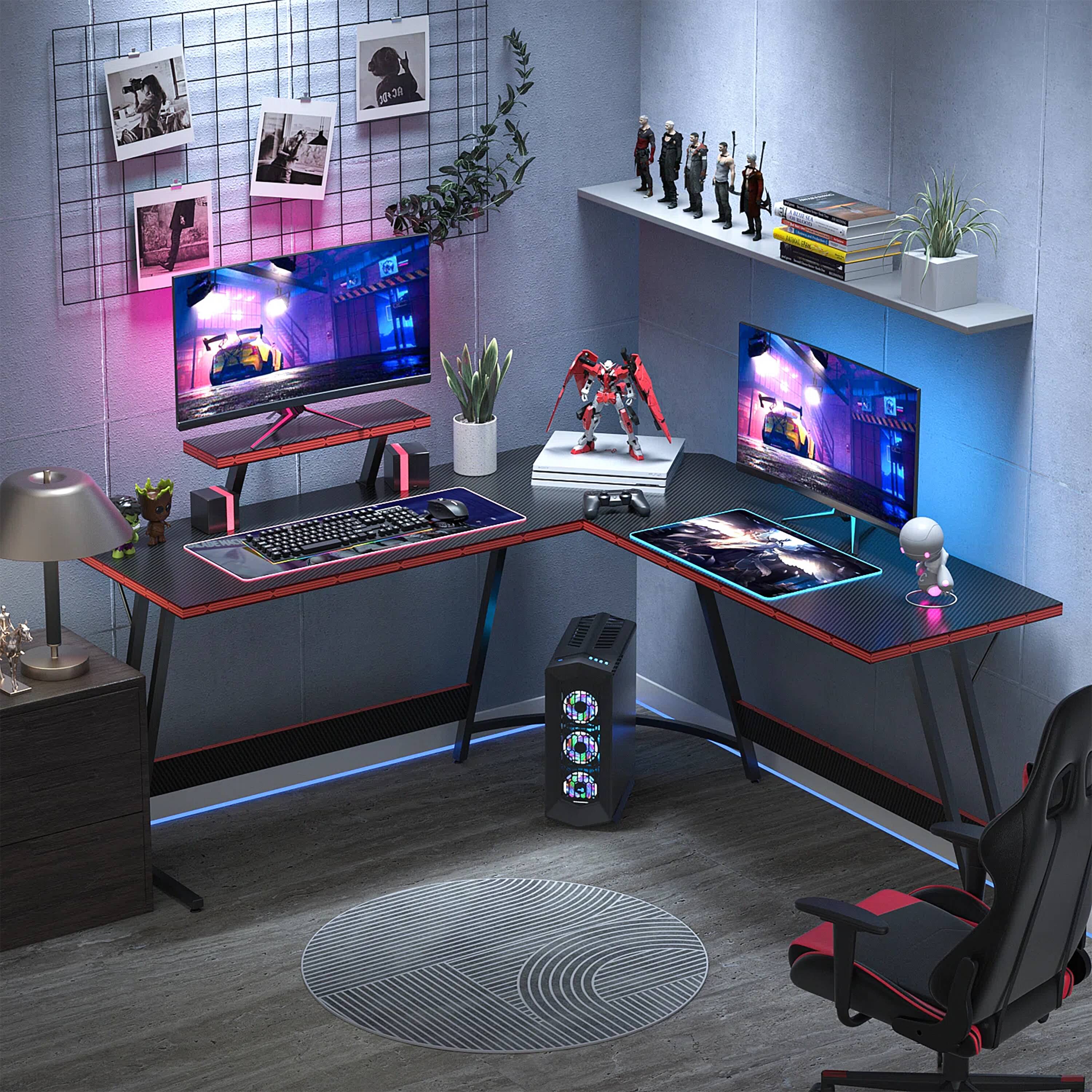 63'' L Shaped Gaming Desk with LED Lights & Power Strips