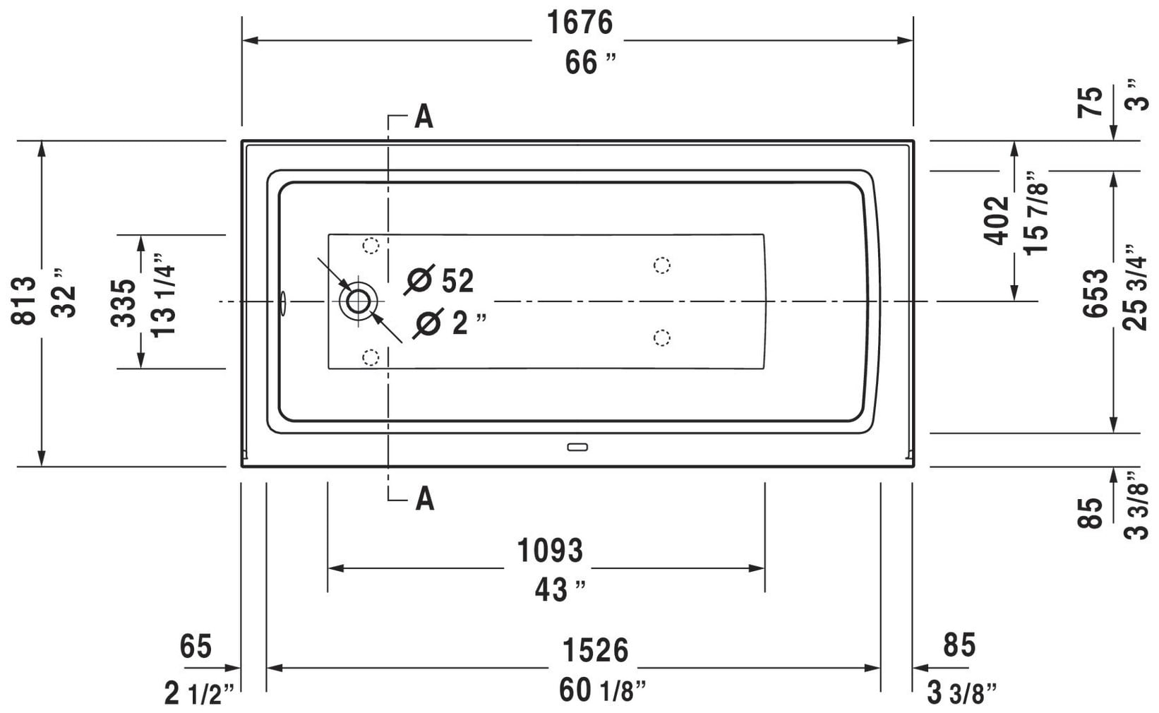 Duravit 66" White Acrylic Alcove Soaking Bathtub