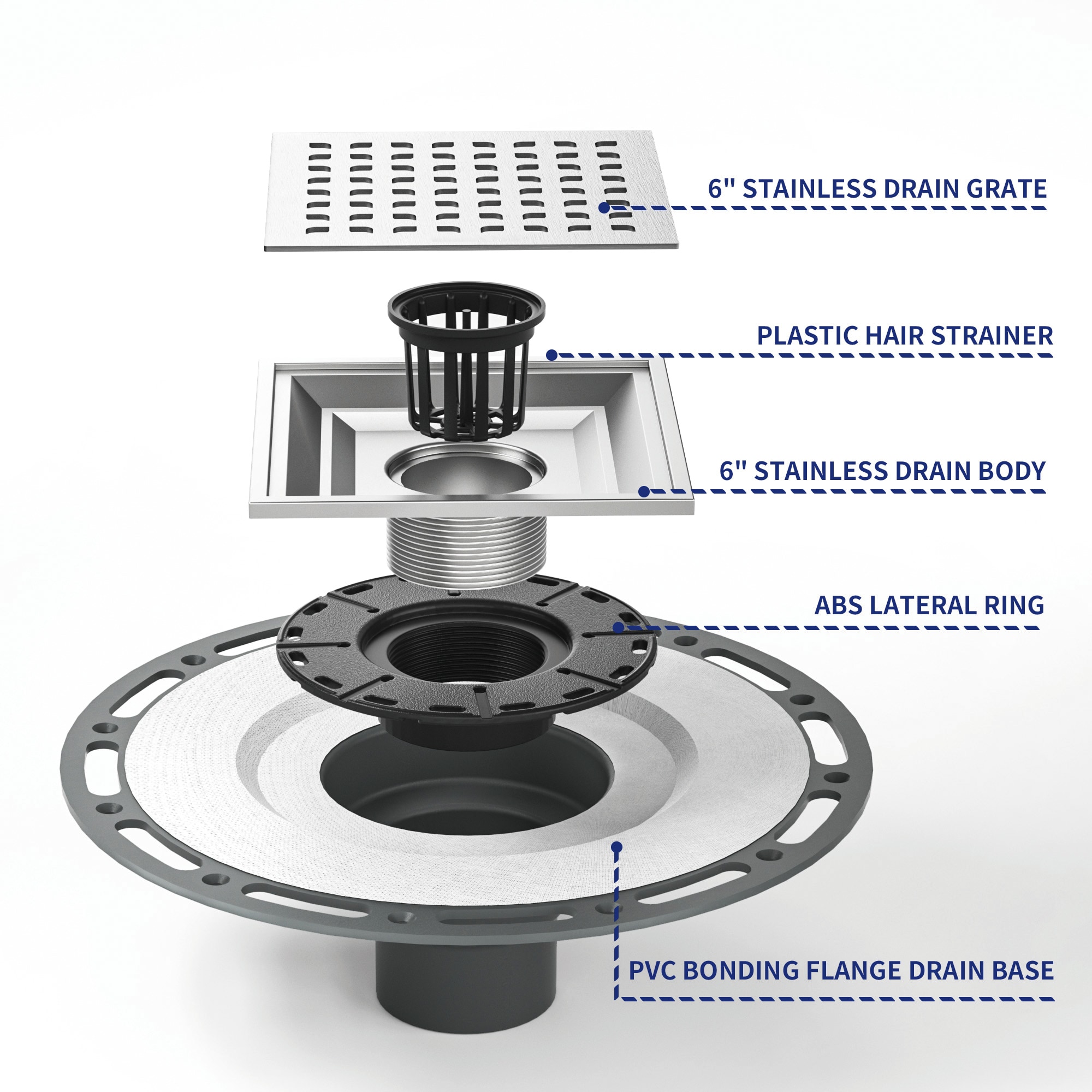 6" Square Brushed Stainless Steel Shower Drain with PVC Flange