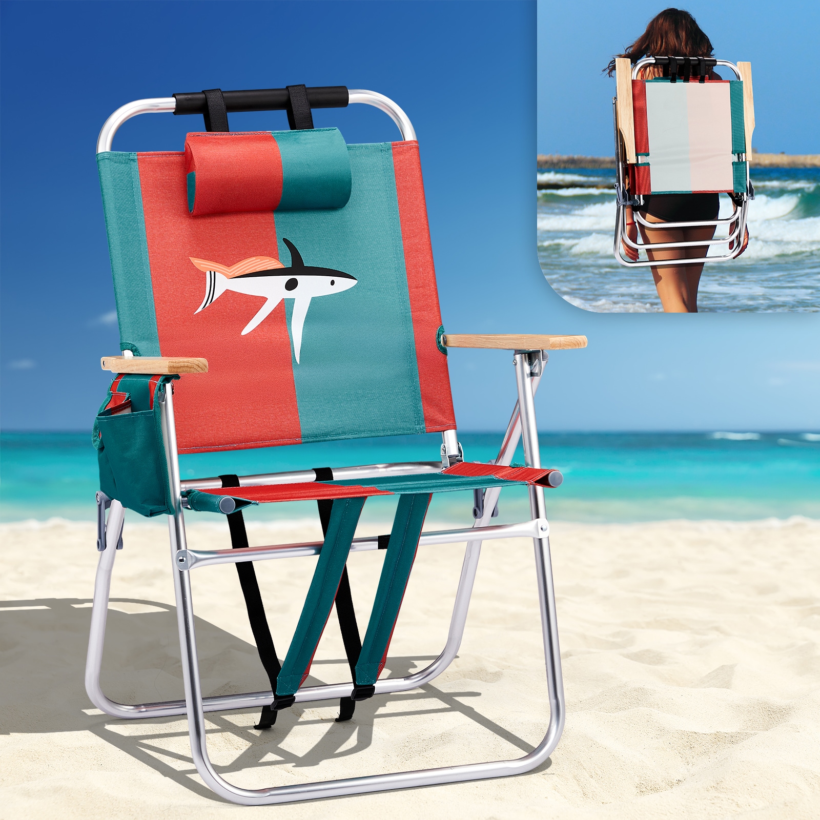VINGLI 1 Pack 17-in Beach Chair with 3-Position Cooler Bag Cup Holders and Towel Shark