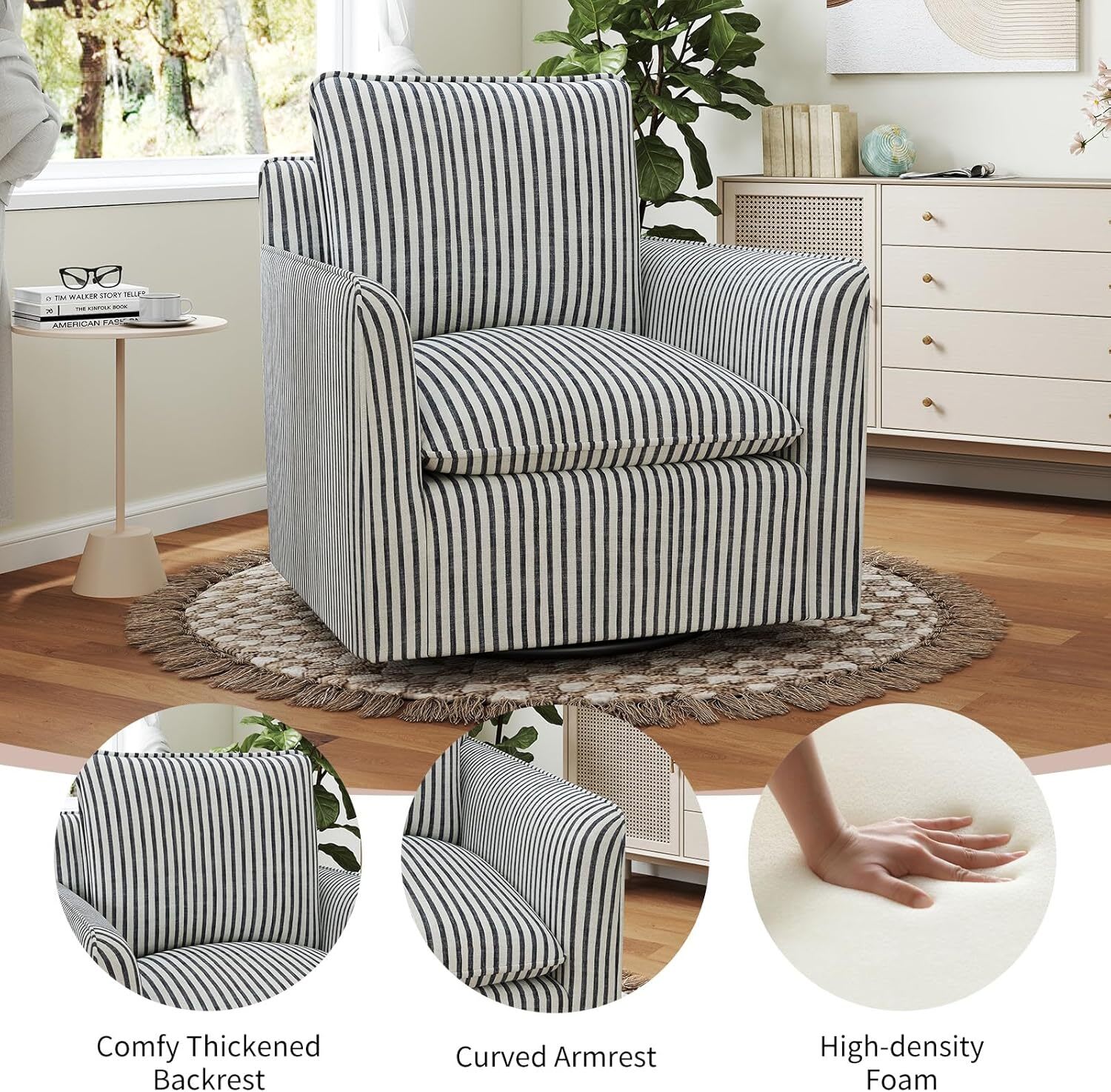 Canmov 360 Degrees Swivel Chair with Thick Cushion Blue Stripe Fabric ...