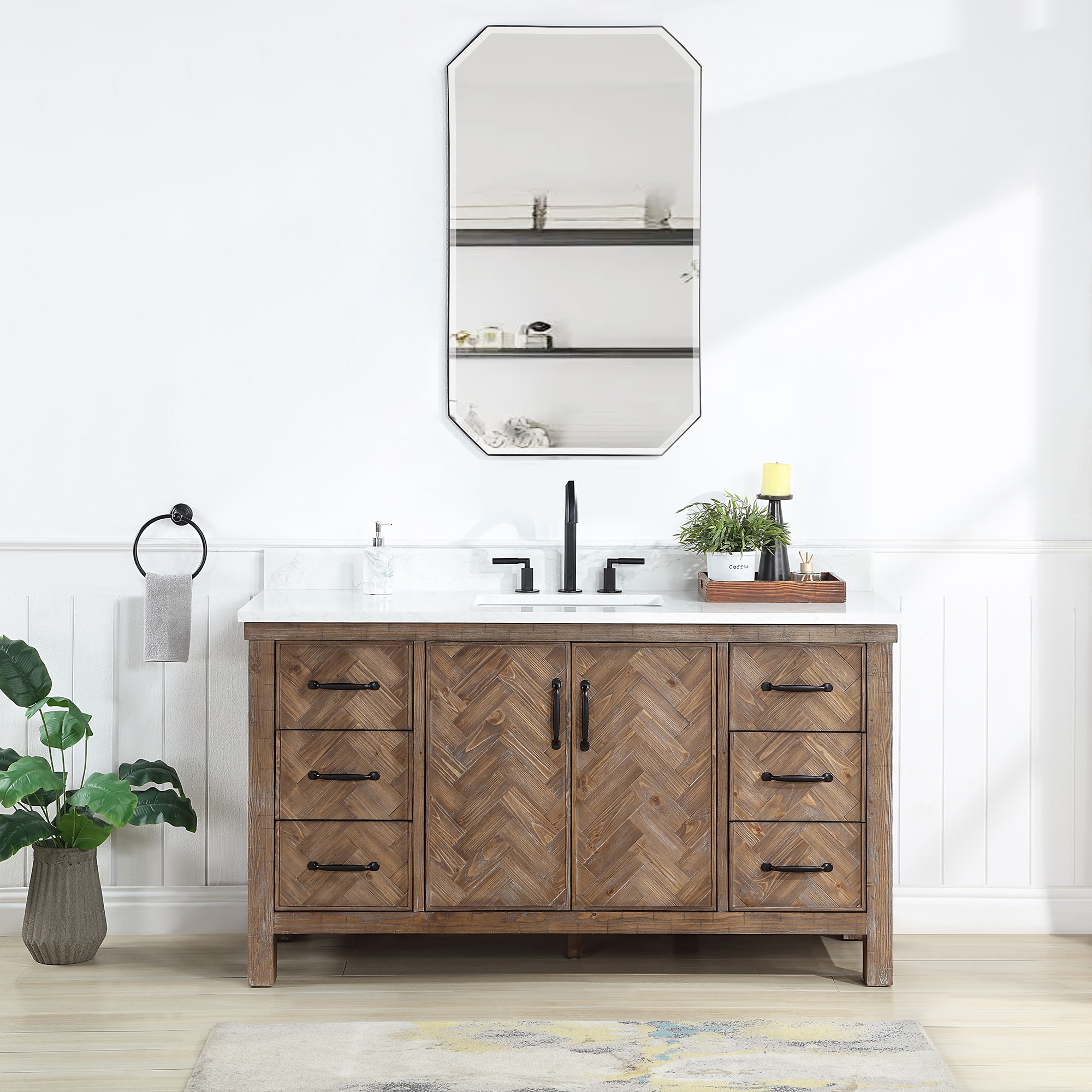 Vinnova 706860-AY-GW Javier 60-in Spruce Antique Gray Finish Undermount Single Sink Bathroom Vanity with White Grain Engineered Stone Top (Mirror Included)