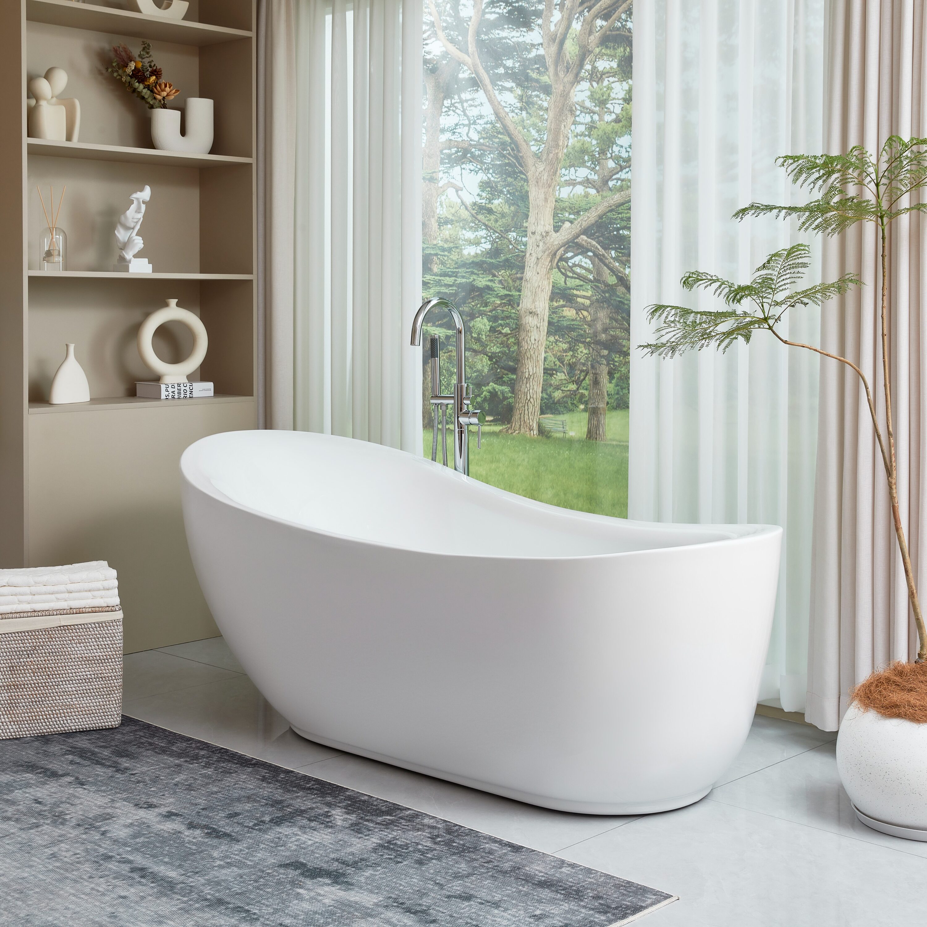 71'' White Acrylic Freestanding Soaking Bathtub with Chrome Drain