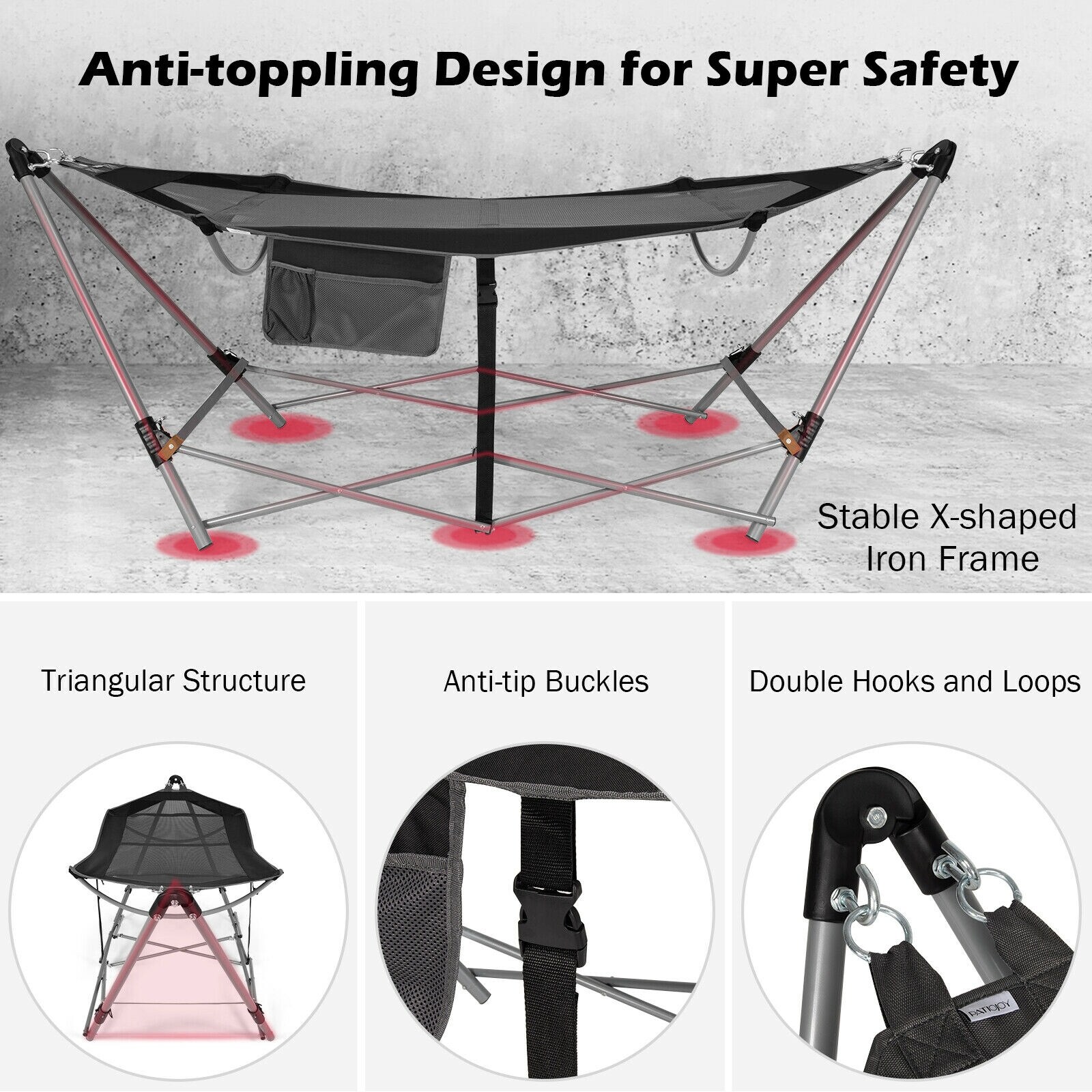 WELLFOR Foldable Hammock with Stand Black Polyester Hammock with Steel ...