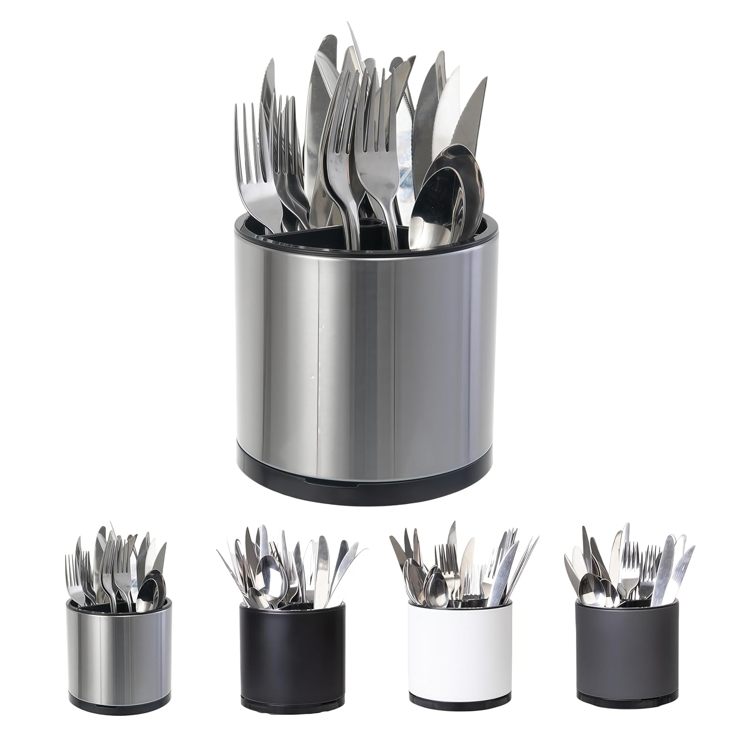 Kitstorack 3-Compartment Rotating Kitchen Utensil Holder with Stainless Steel Construction and Drainage Holes - 5.8 x 5.8 x 5.4 in Countertop Caddy