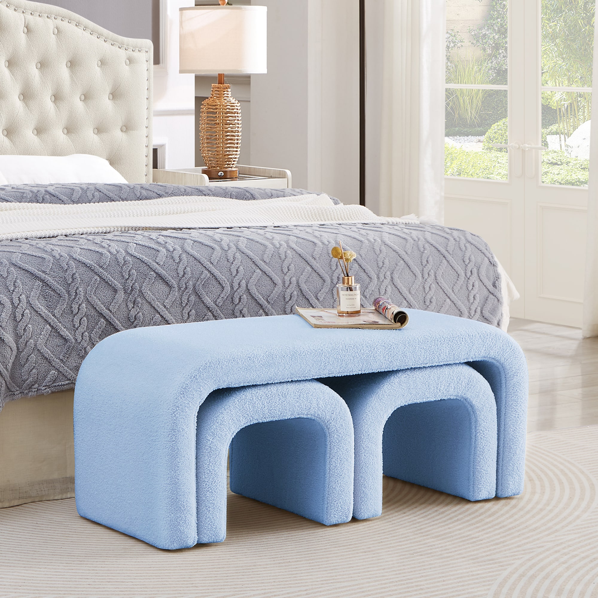 KTMBDW - Modern Ottoman Bench Set of 3 - Teddy Upholstered Ottoman End of Bed Bench for Living Ro...