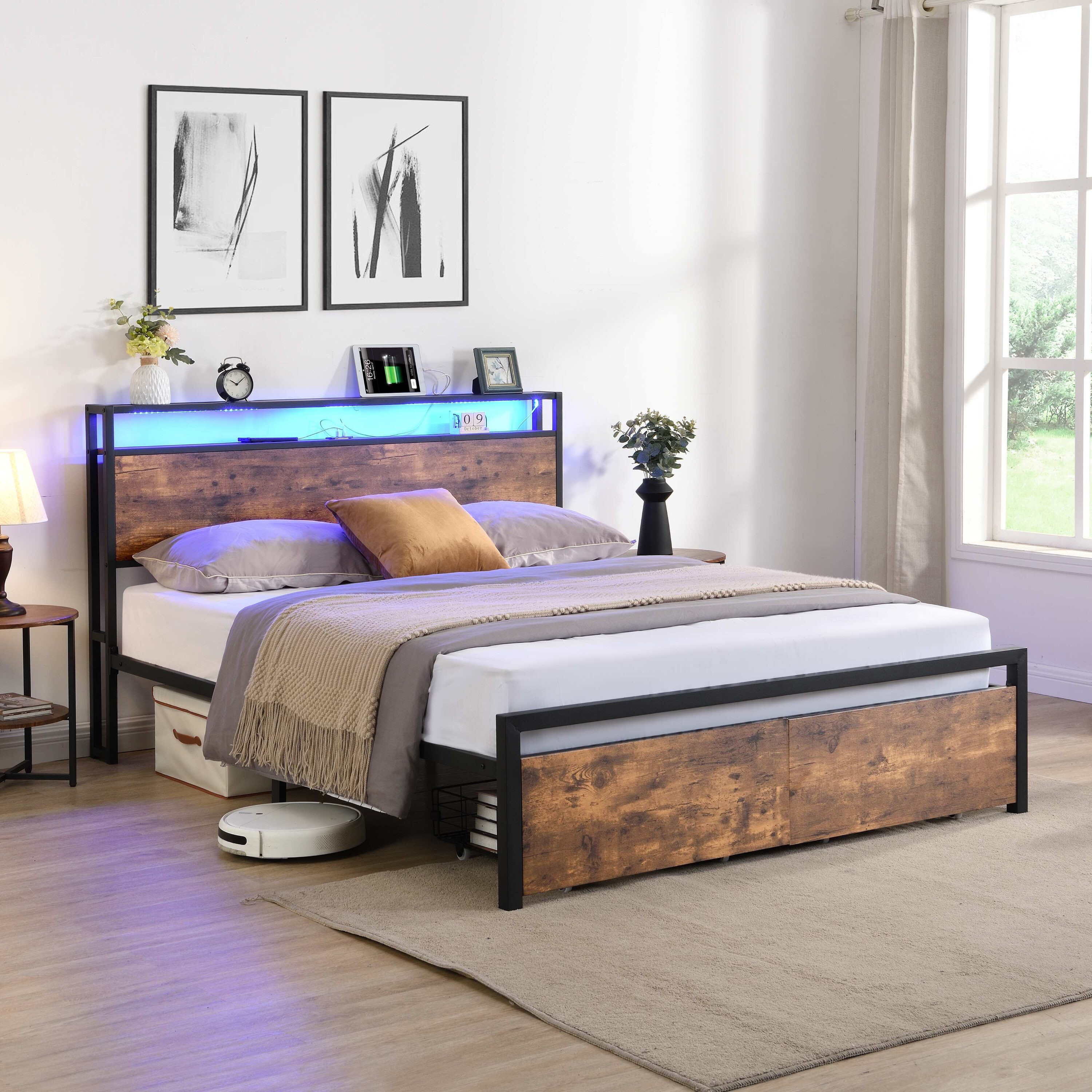 Dexmalle W1916126253 Queen Size LED Lights Bed Frame with Storage Headboard and 2 Drawers and Charging Station
