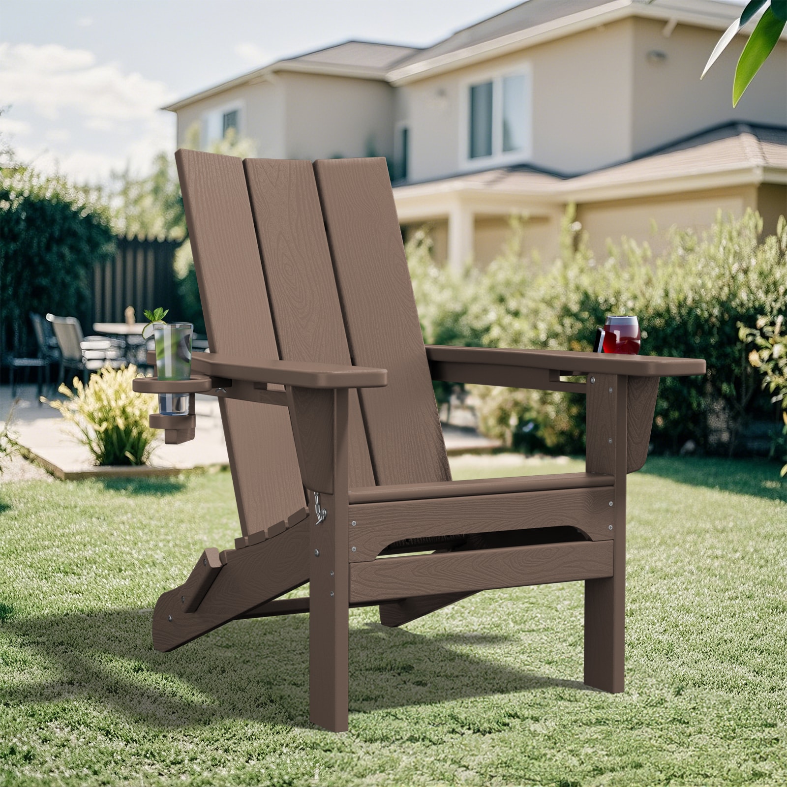 JEAREY YDQWY-GD-LB HDPE Patio Adirondack Chair with Dual Cup Holders Coffee HDPE Frame Stationary Adirondack Chair with Slat Seat
