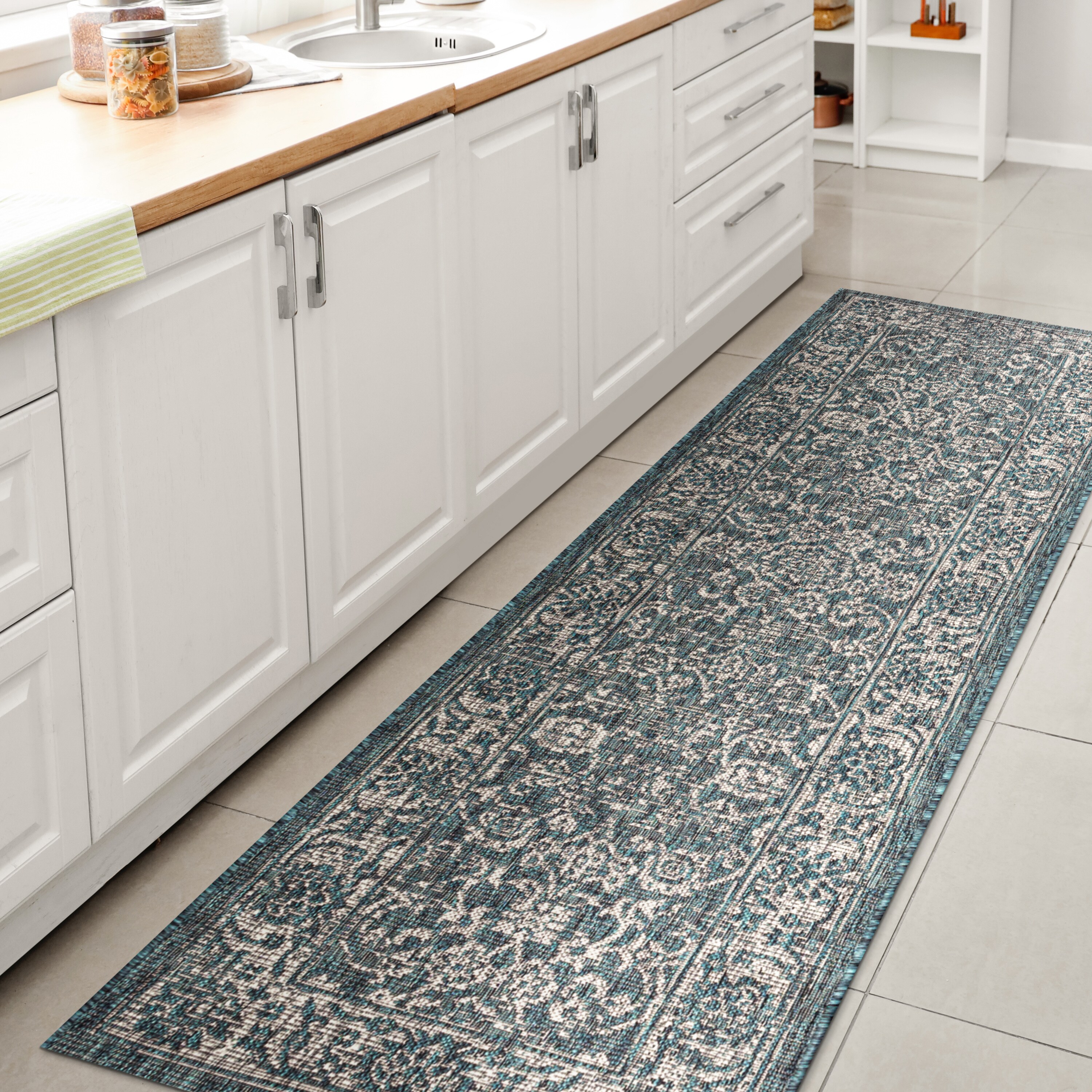 JONATHAN  Y SMB100C-210 Santa Monica Tela Textured Weave Floral 2 x 10 (ft) Loomed Polypropylene Teal/Gray Rectangular Indoor/Outdoor Border Coastal Runner rug