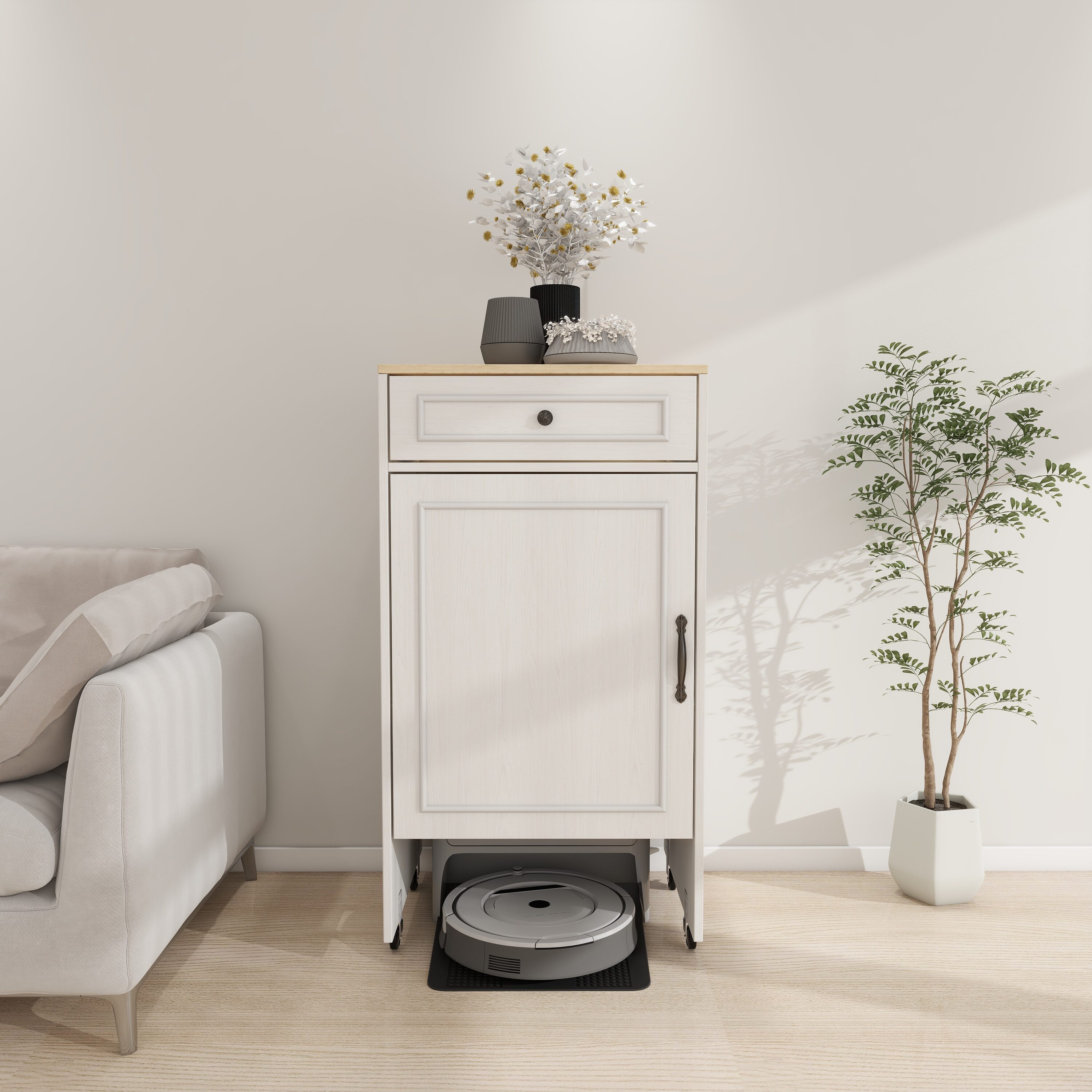 LOVMOR SF-H-W282P296230 Antique White Rolling Storage Cabinet Robot Vacuum Hideaway Adjustable Shelf