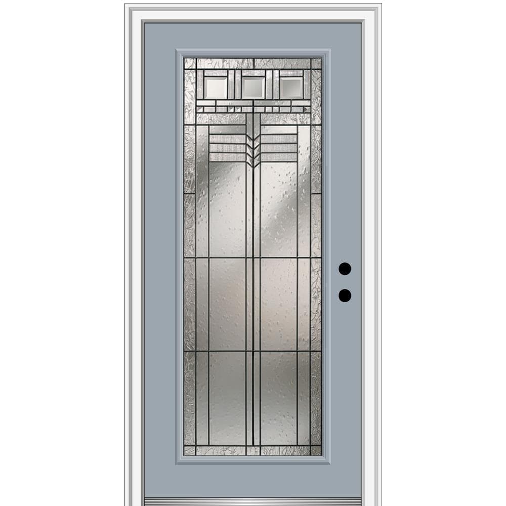 MMI DOOR ZZ3664492L 32-in x 80-in x 6-9/16-in Fiberglass Full lite Left-hand inswing Storm Cloud Painted Prehung Front Door with Brickmould Insulating core