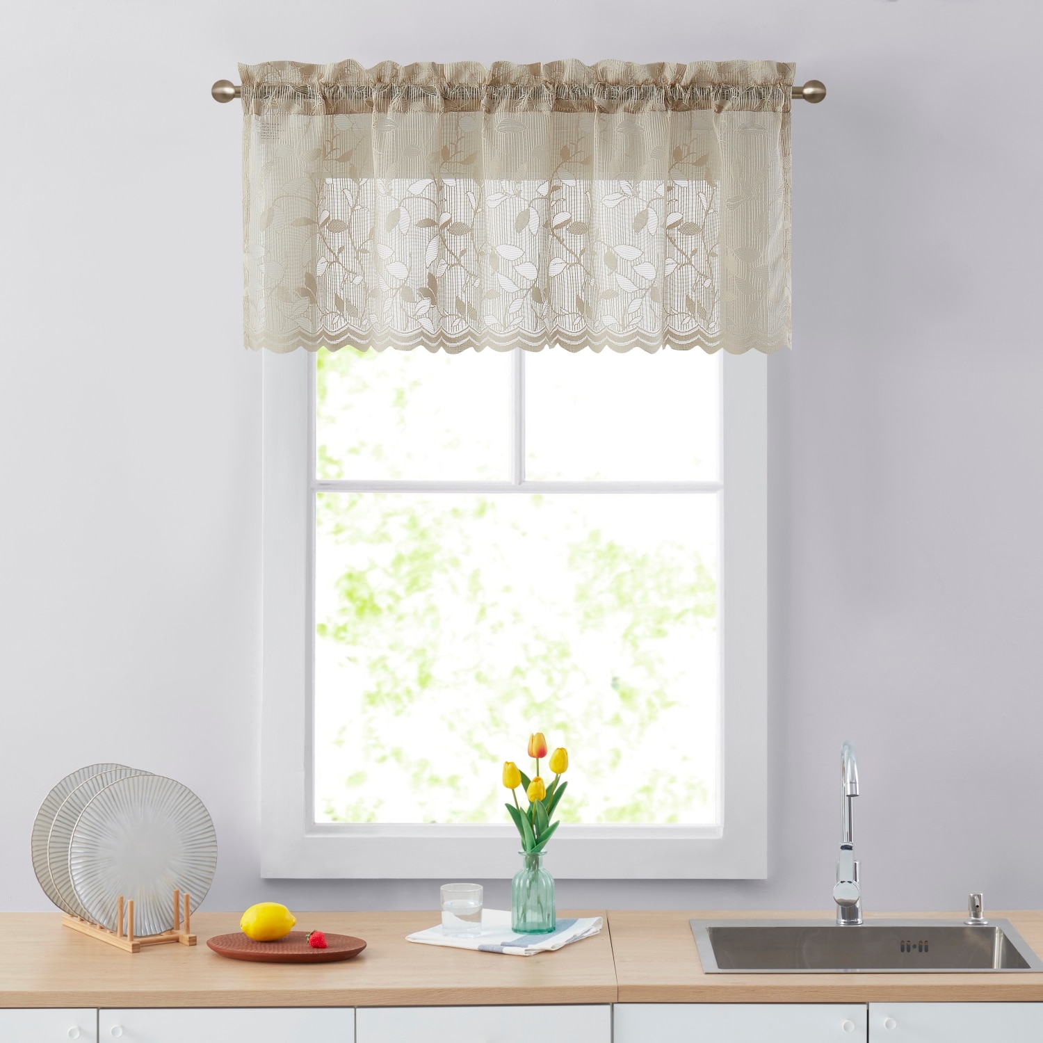 HLC.me  Joyce Lace Sheer Kitchen Curtain Valance Topper - Rod Pocket - Single Valance