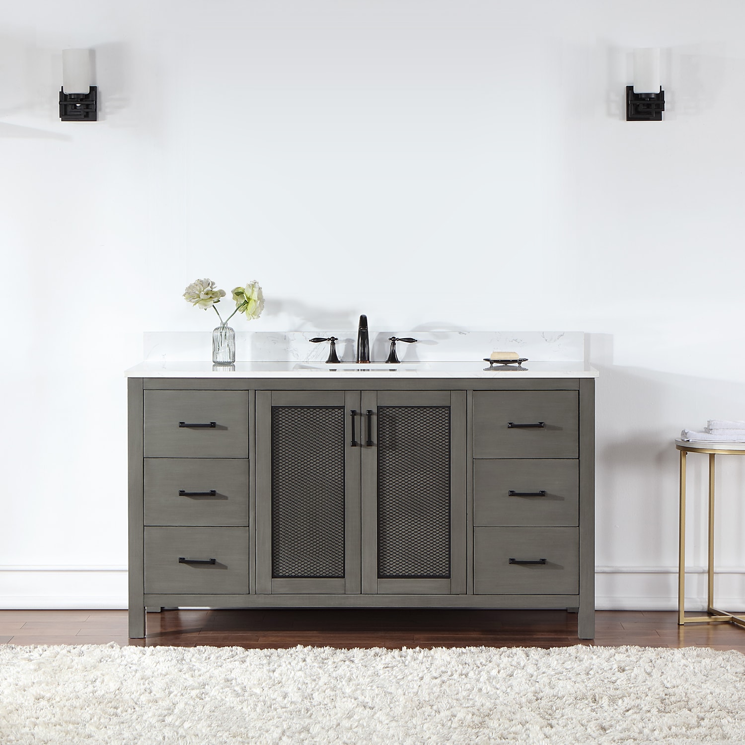 Altair 542060S-GP-AW-NM Hadiya 60-in Gray Pine Undermount Single sink Bathroom Vanity with Aosta White Engineered marble Top