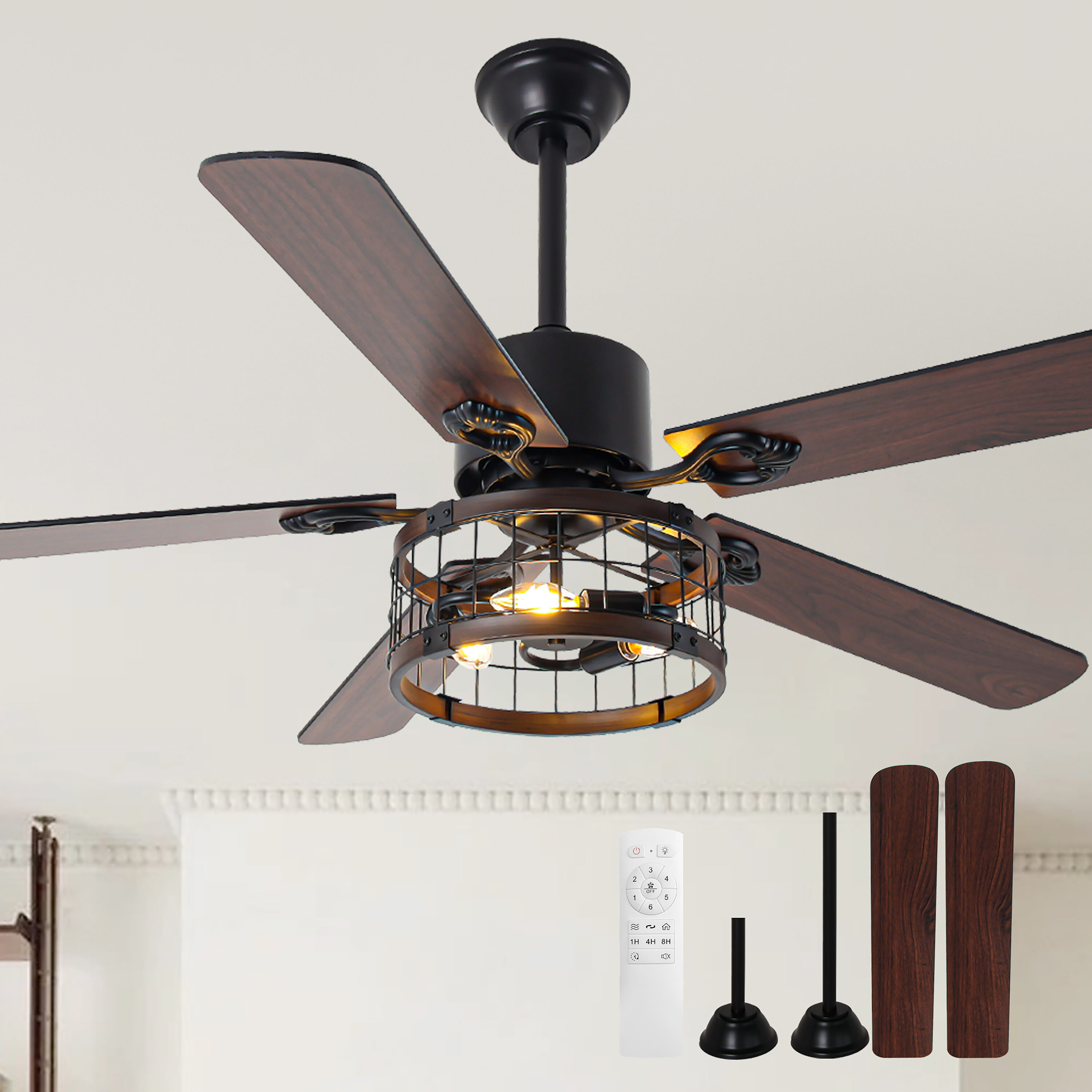 Cusp Barn CS52P20 52-in Black with Wood Blades Chandelier Ceiling Fan Without Light - Remote Included ( 5 -Blade )