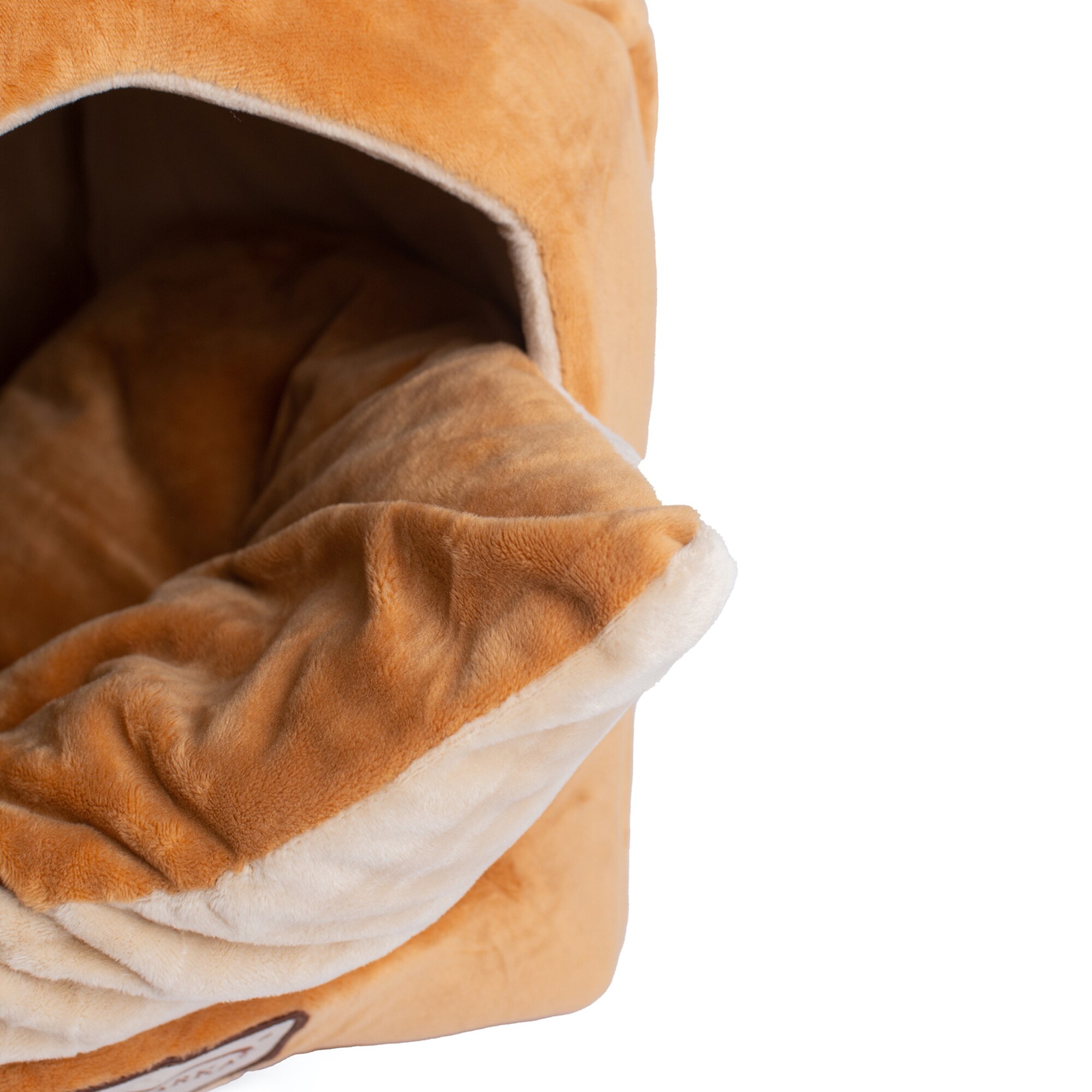 Small Beige Velvet House-Shaped Cat Bed with Fiberfill