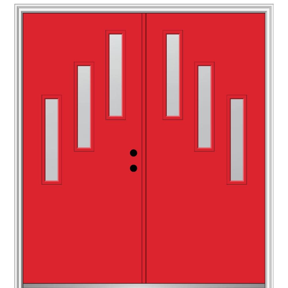 MMI DOOR ZZ350808L Spotlights 64-in x 80-in x 6-9/16-in Fiberglass Pulse lite Left-hand inswing Red Saffron Painted Prehung Double Front Door with Brickmould Insulating core
