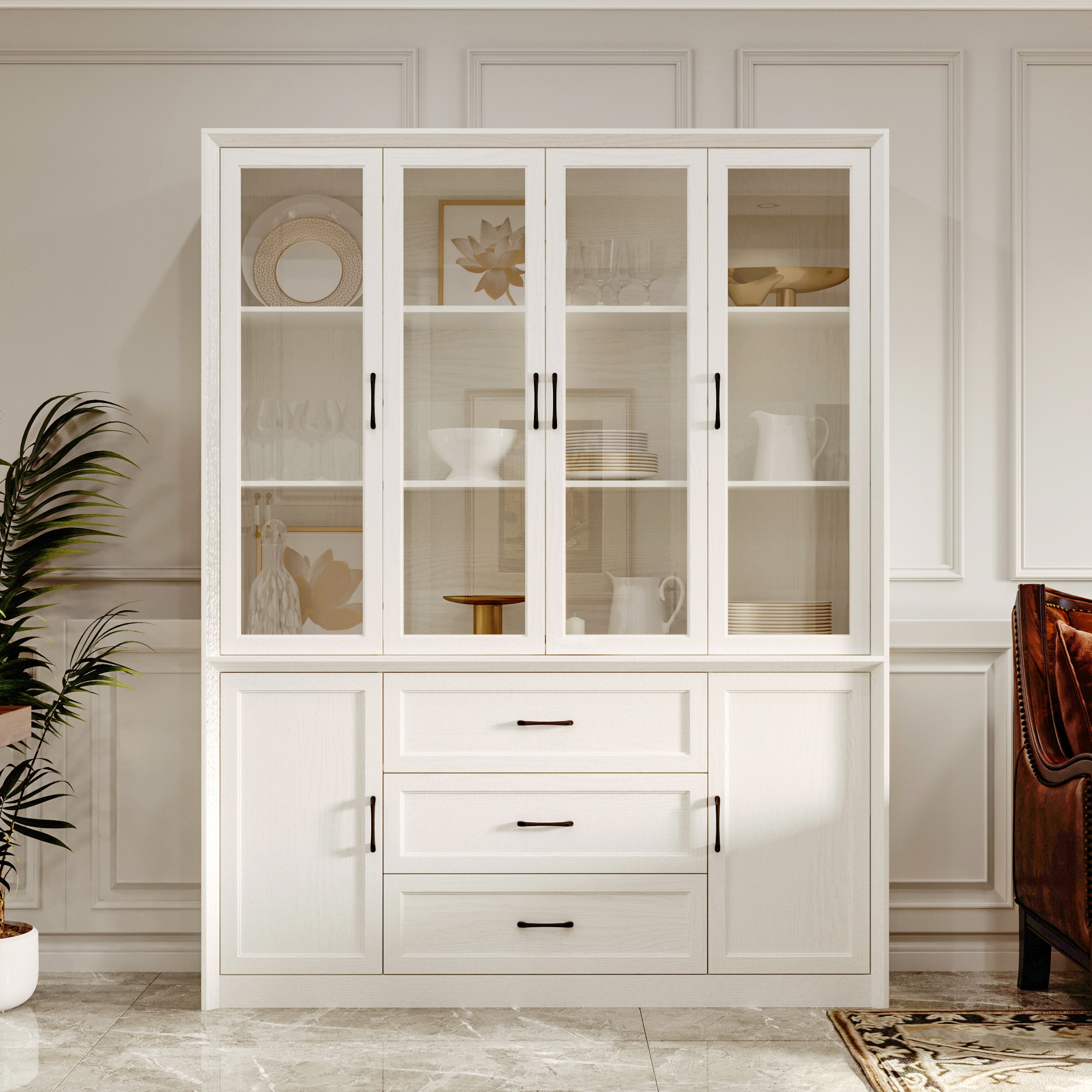 Homsee V-KF200305-01-AB Modern White Wood-Grain 6 Door 3 Drawer Pantry with Black Metal Handles and Glass Panels Spacious Storage Cabinet for Kitchen or Dining Room