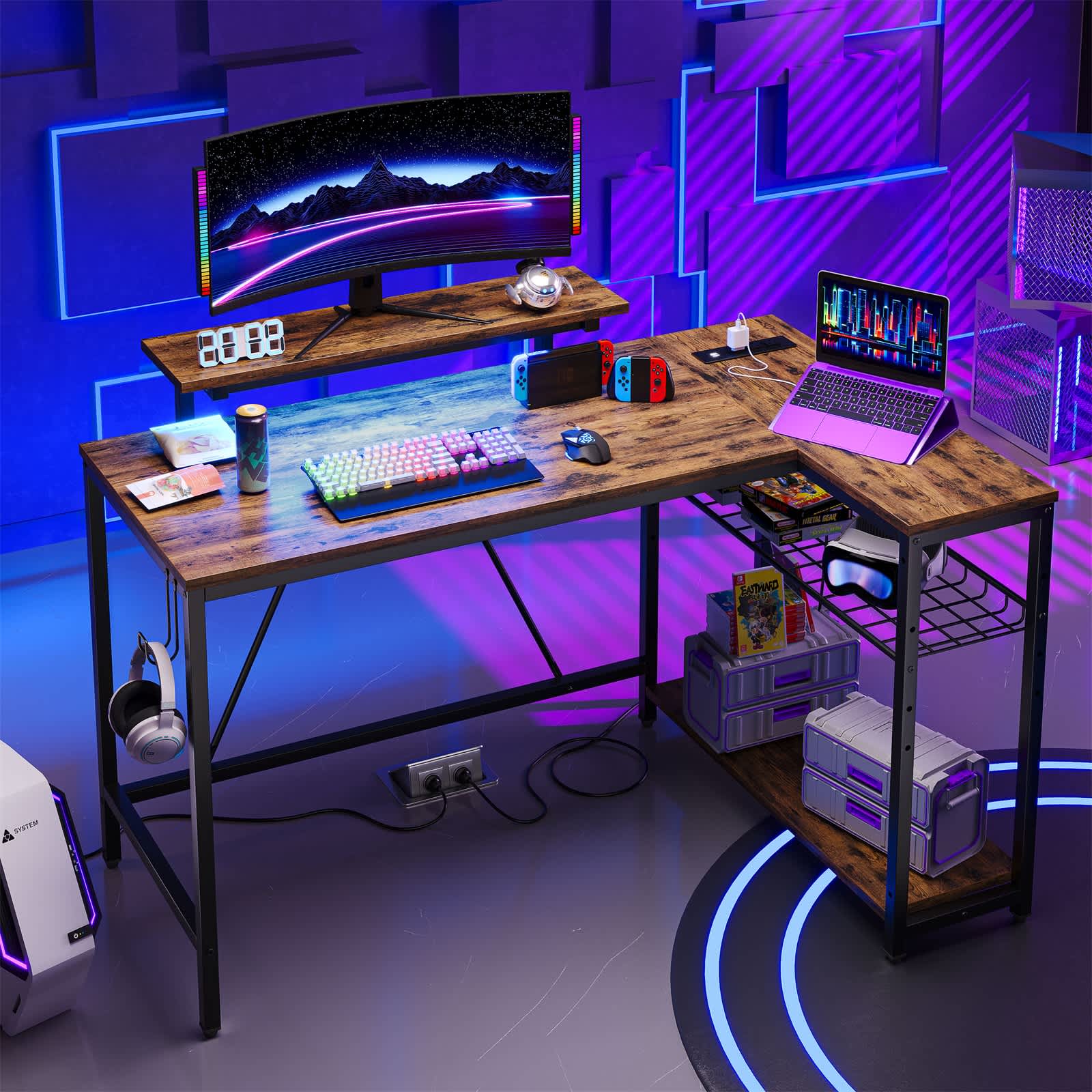 Bestier LOW-H100612AUS-RST 48.03-in W 2-Shelf Brown Computer Desk  with Power Outlet and Monitor Stand