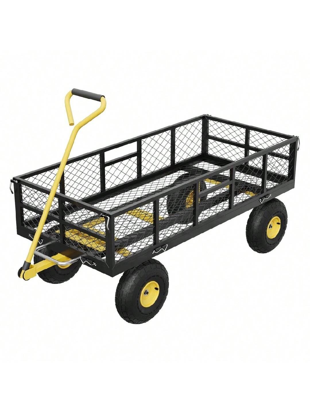 Qeetex BY-PPG-33QCAQ76 900 LBS Garden Dump Cart With Removable Sidewalls Heavy Duty Steel Dump Wagon With 180 Degrees Celsius Swivel Handle and 10-Inch Tires Yard Cart Utility Wheelbarrow For Backyard Farm