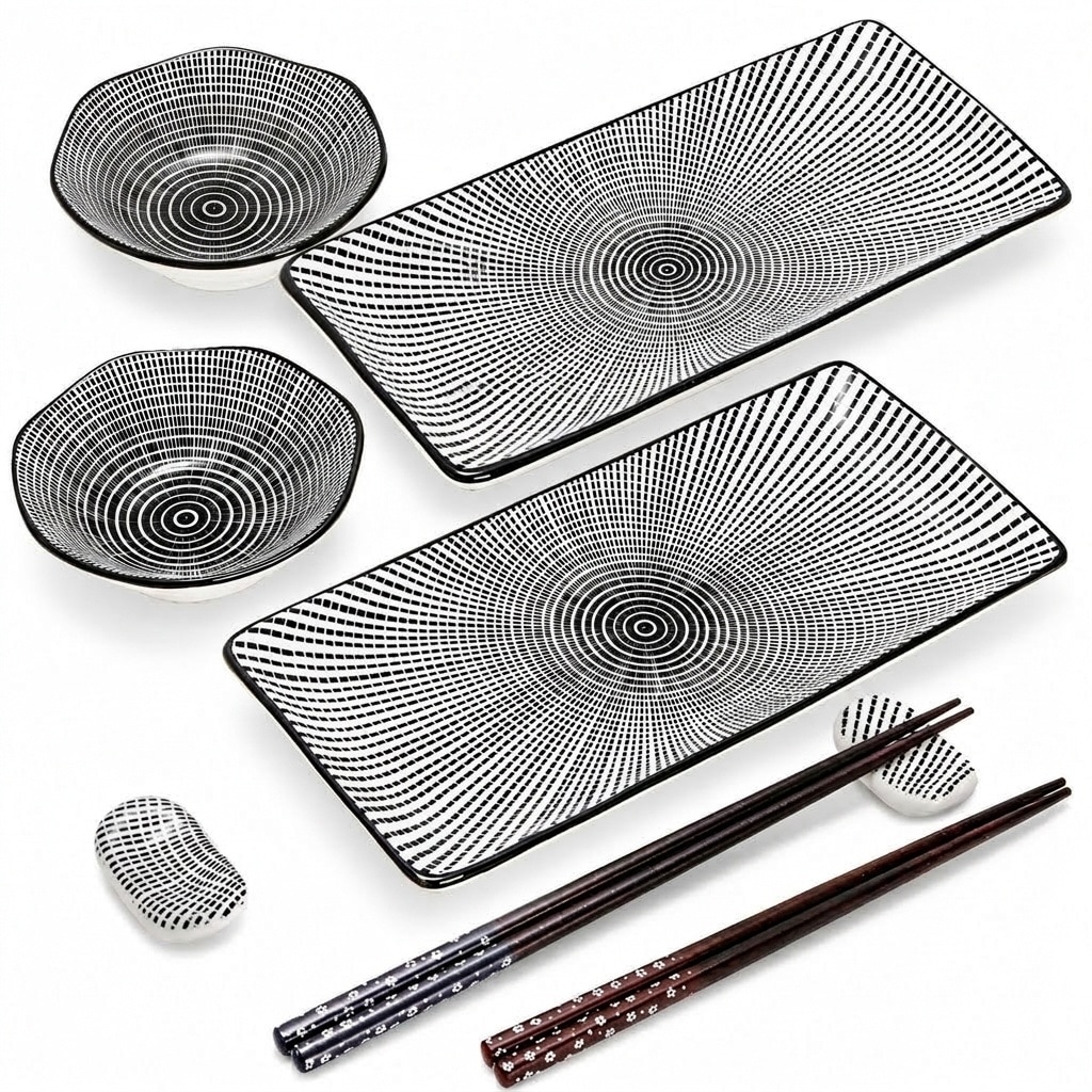 Aoibox  8 Piece Ceramic Sushi Dinnerware Set for 2 Serving Plates Sauce Bowls Chopsticks and Holders Unit