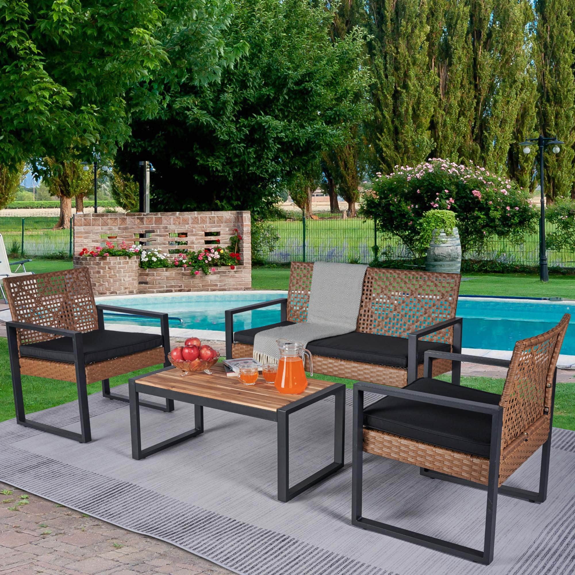 Fun Orange FUNS2HW02 4-Piece Wicker Patio Sofa Conversation Set with Black Cushions