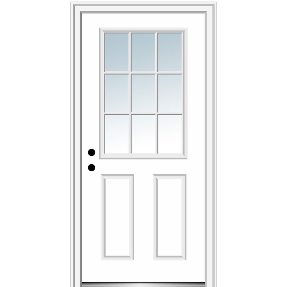 MMI DOOR ZZ365281R 30-in x 80-in x 6-9/16-in Fiberglass Half lite Right-hand inswing Primed Prehung Front Door with Brickmould Insulating core with Grilles