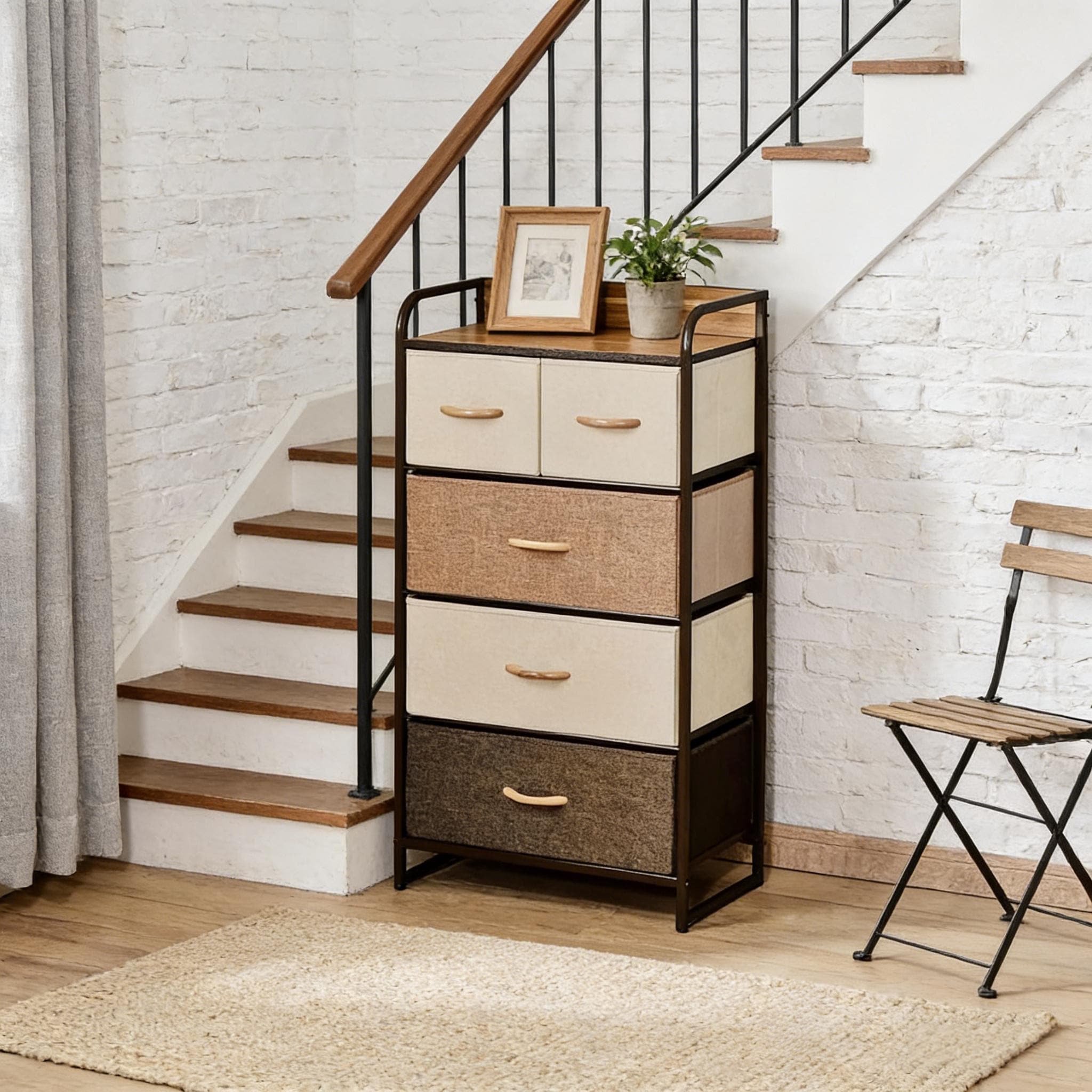 JUSHUA 4 Tier Maple Storage Dresser with 5 Foldable Linen Drawers MDF Top Steel Frame and Anti Tip Design
